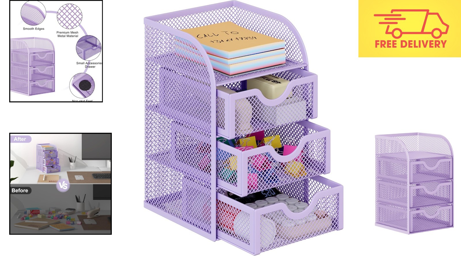 Elegant Rust-Resistant Purple Desk Organizer with 3 Drawers for Home or Office
