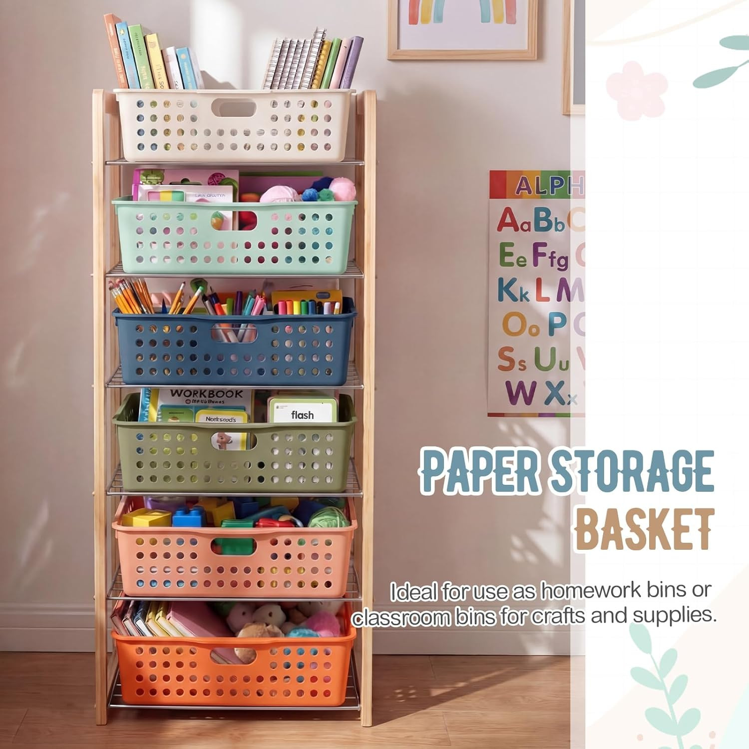 6 Pack Classroom Storage Baskets with Handle 14”X10” Paper Tray Holds A4 Turn