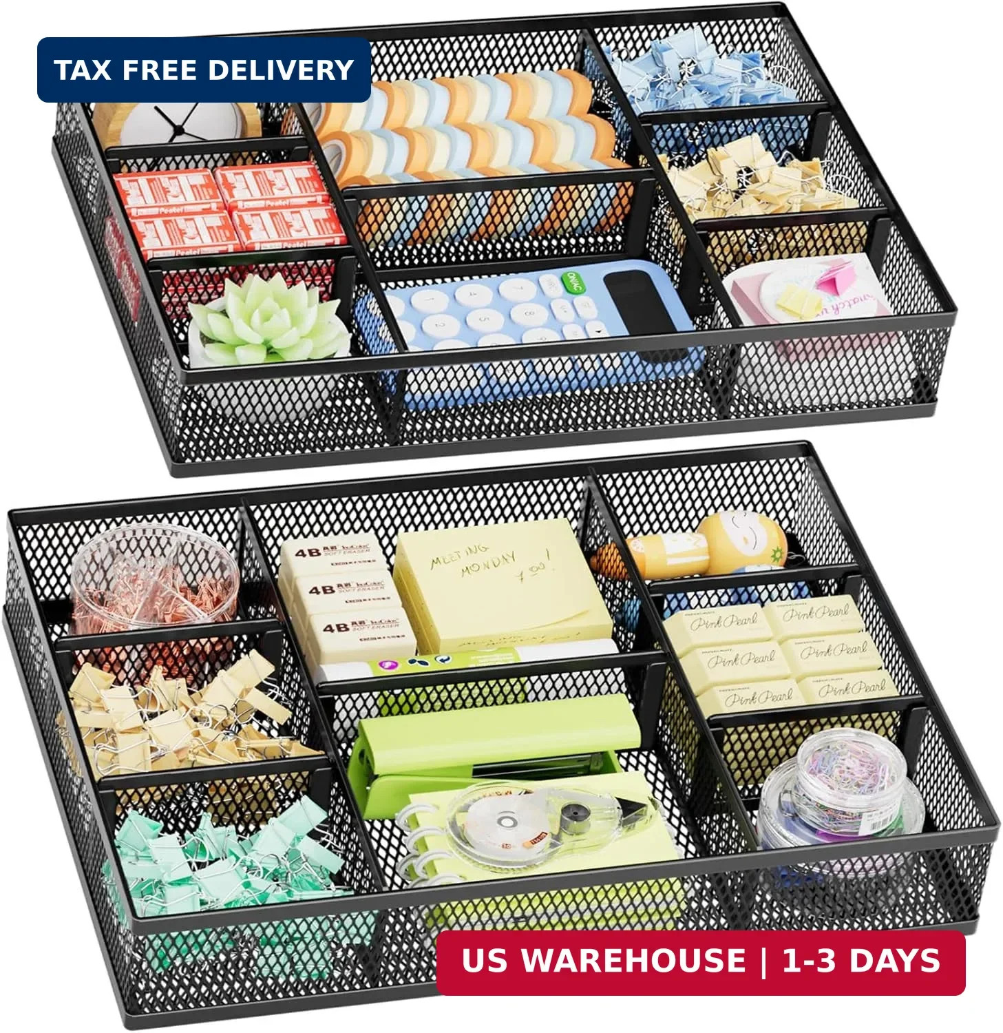 Marbrasse 2 Pack Desk Drawer Organizer, Mesh Drawer Organizer Tray with 8 Adjust