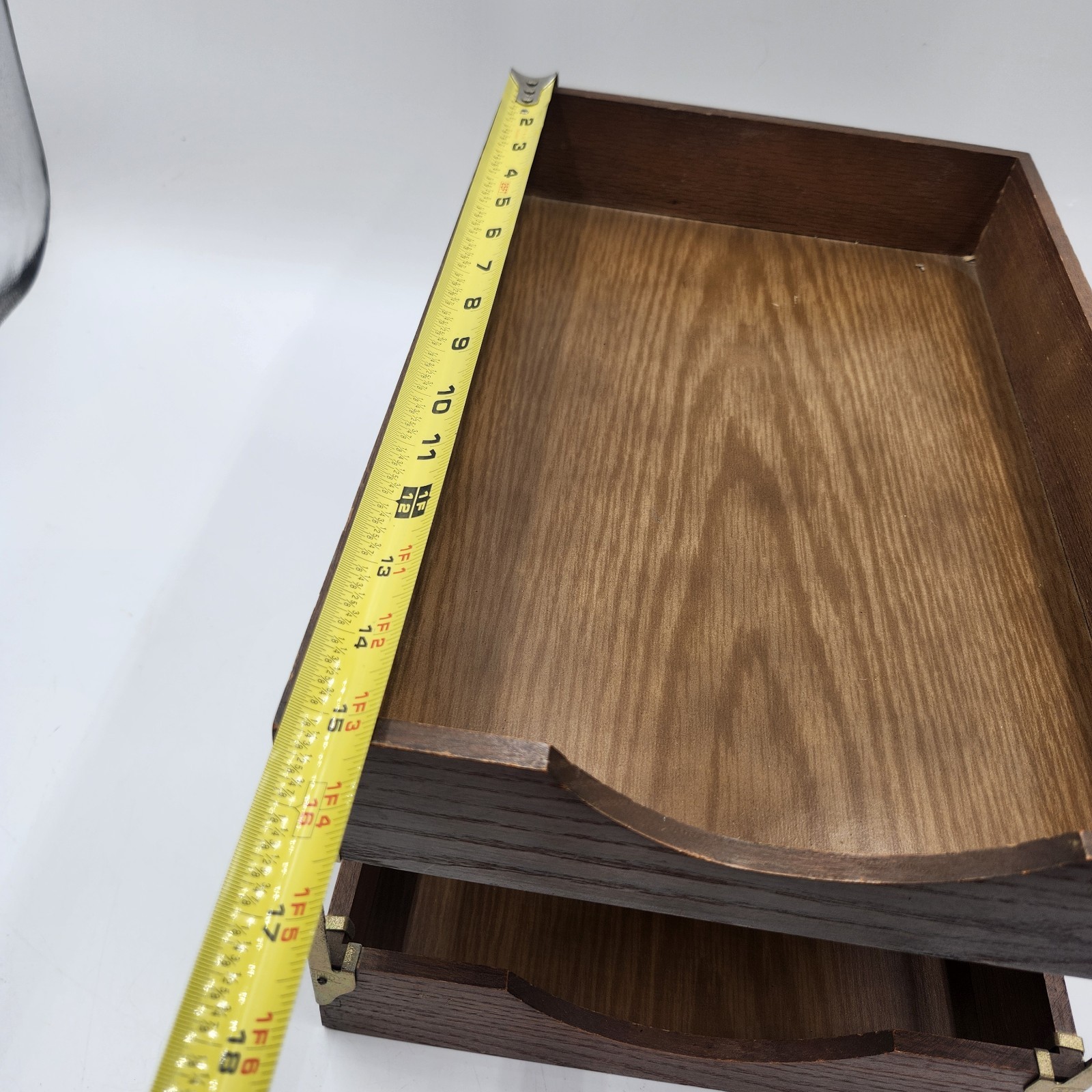 Vintage Wooden wood Stacking Letter Tray Set Brass Hardware Mid-Century dovetail