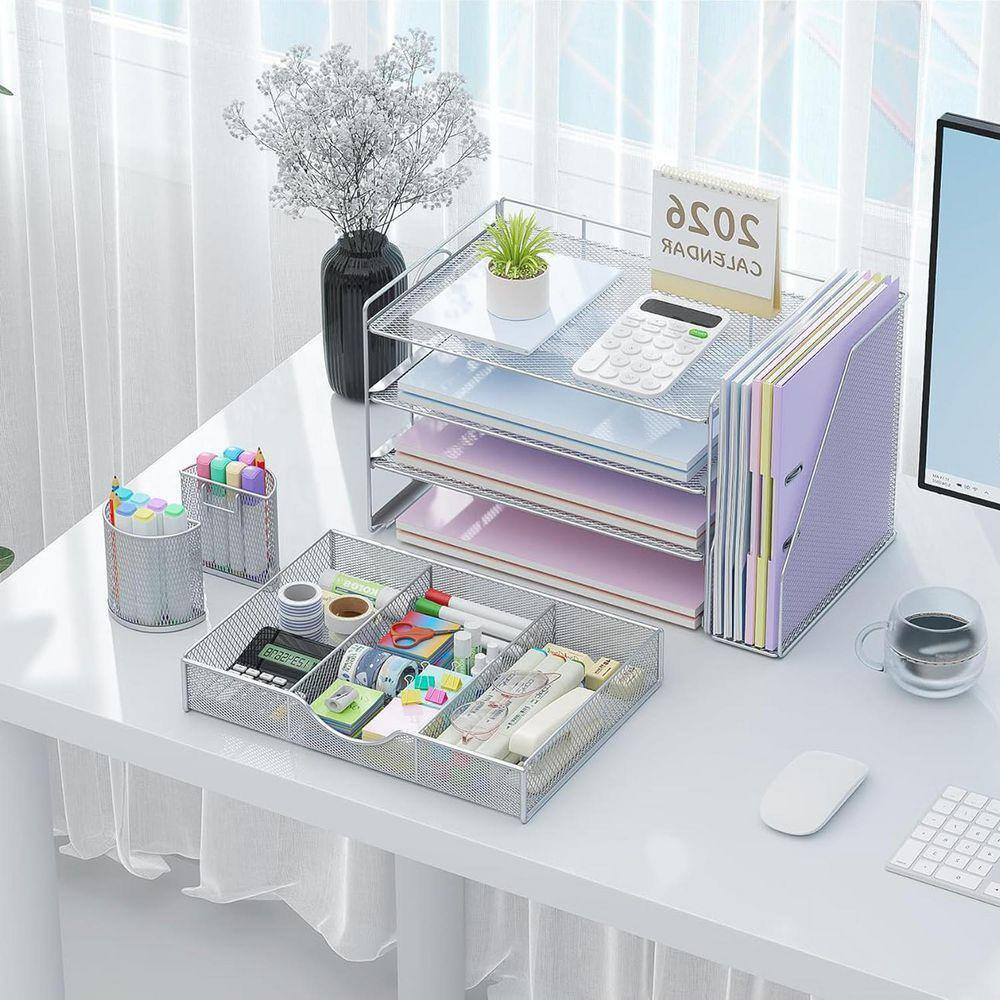 Grey 15.5 In. X 9.2 In. Metal Modern Desk File Holder with Drawer and 2 Pen Hold