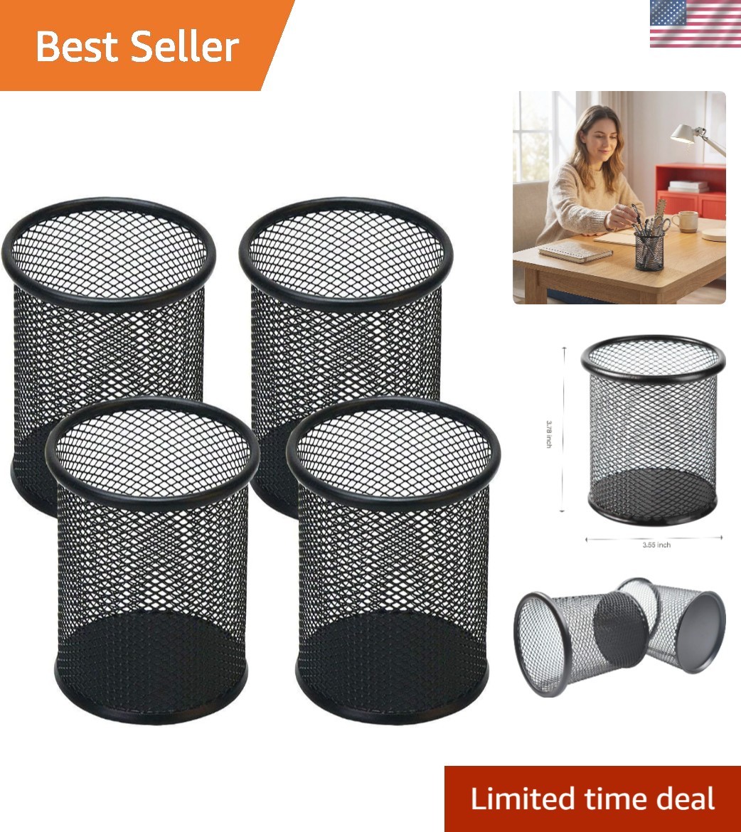 Durable 4-Pack Black Metal Pen Holders – Ideal Desk Organizers for Home & Office