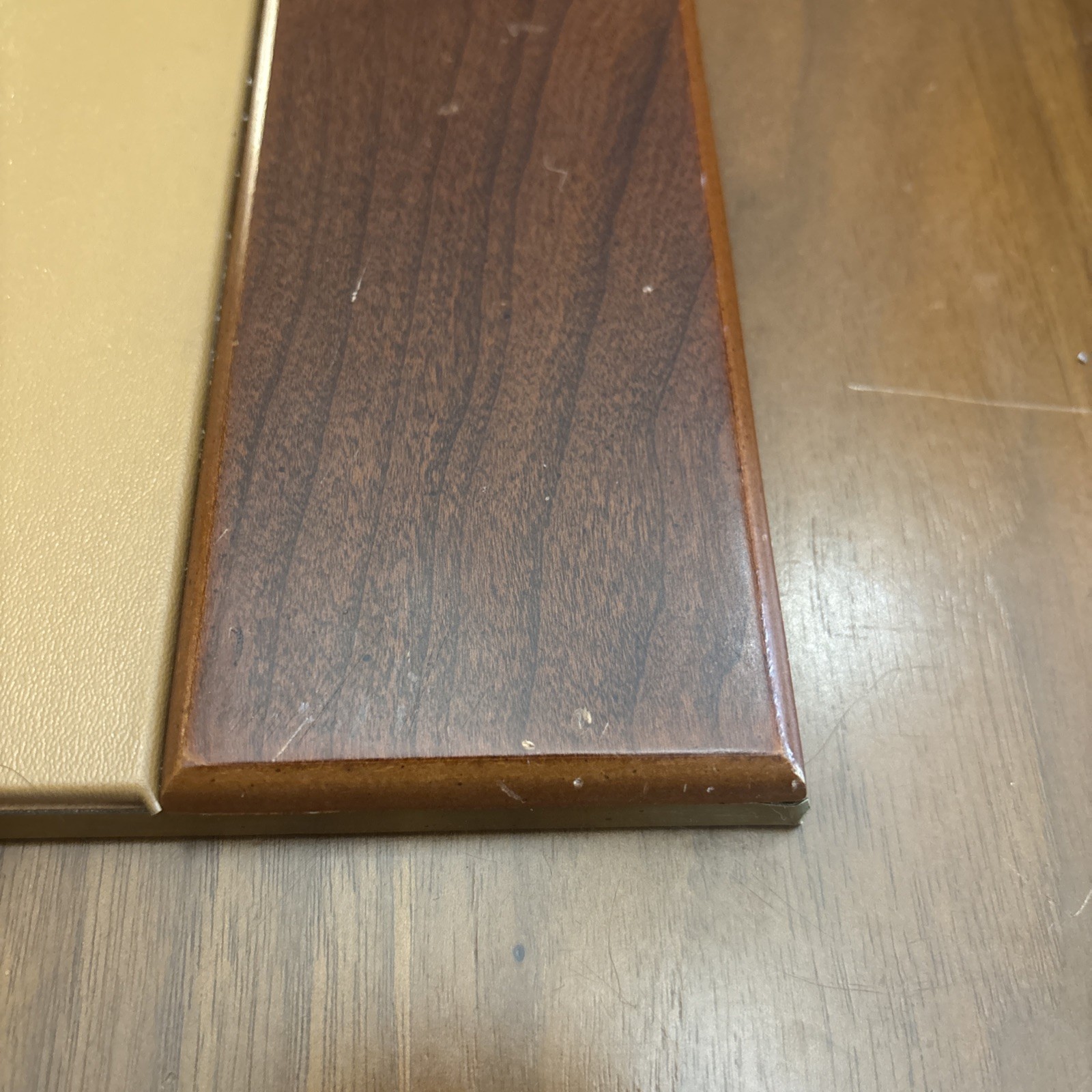 Vintage Bombay Co Executive Desk Wood Leather Pad Blotter Brass Emblem Felt Back
