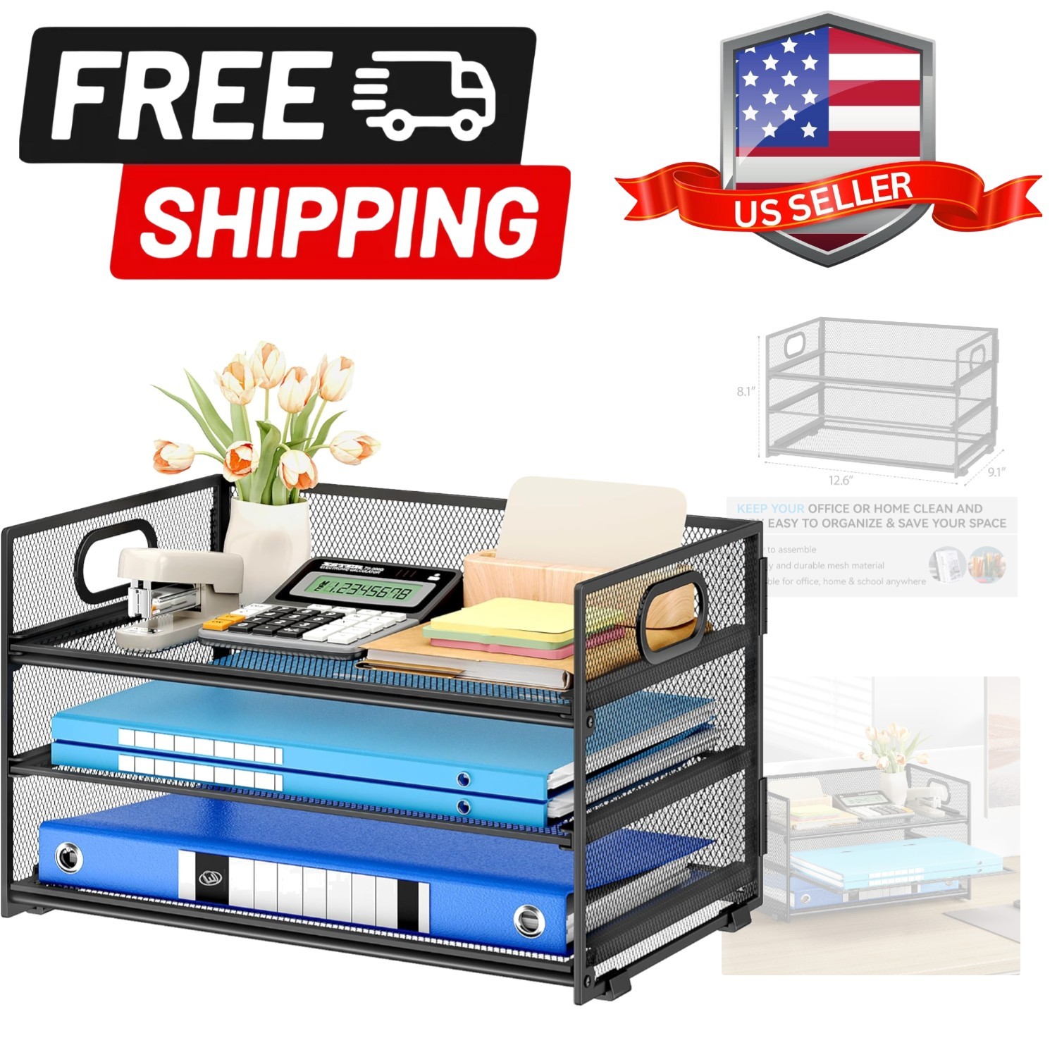 3 Tier Paper Letter Tray Organizer for Desk, Black Metal Mesh Desk File Folde…