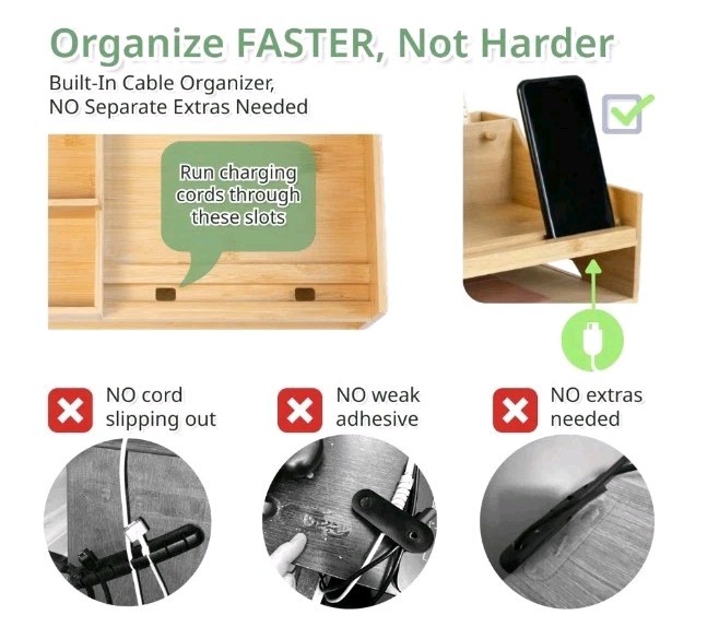 5in1 Bamboo Wood Desk Organizer with Cable Management Spacious Desk Storage