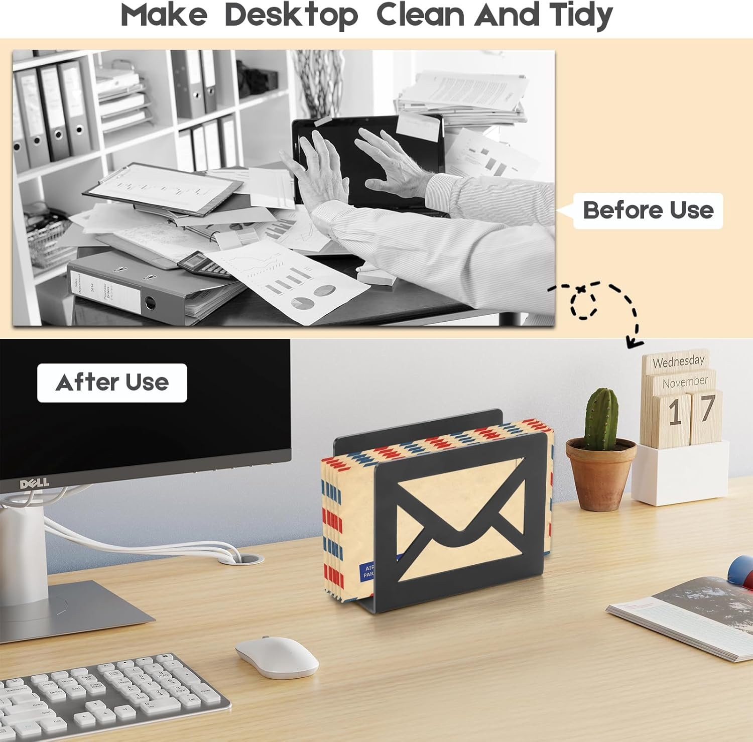 Desktop Metal Mail Holder,Modern Black Letter Organizer for Desk with Cutout Env