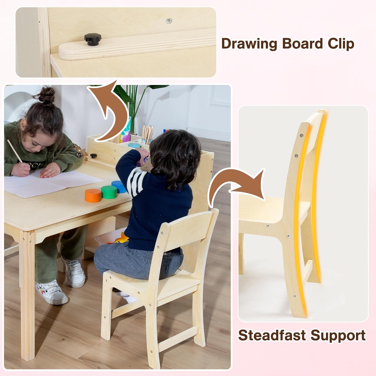 Kids Art Table and Chair Set, Birch Wooden Activity Craft Table, Kids
