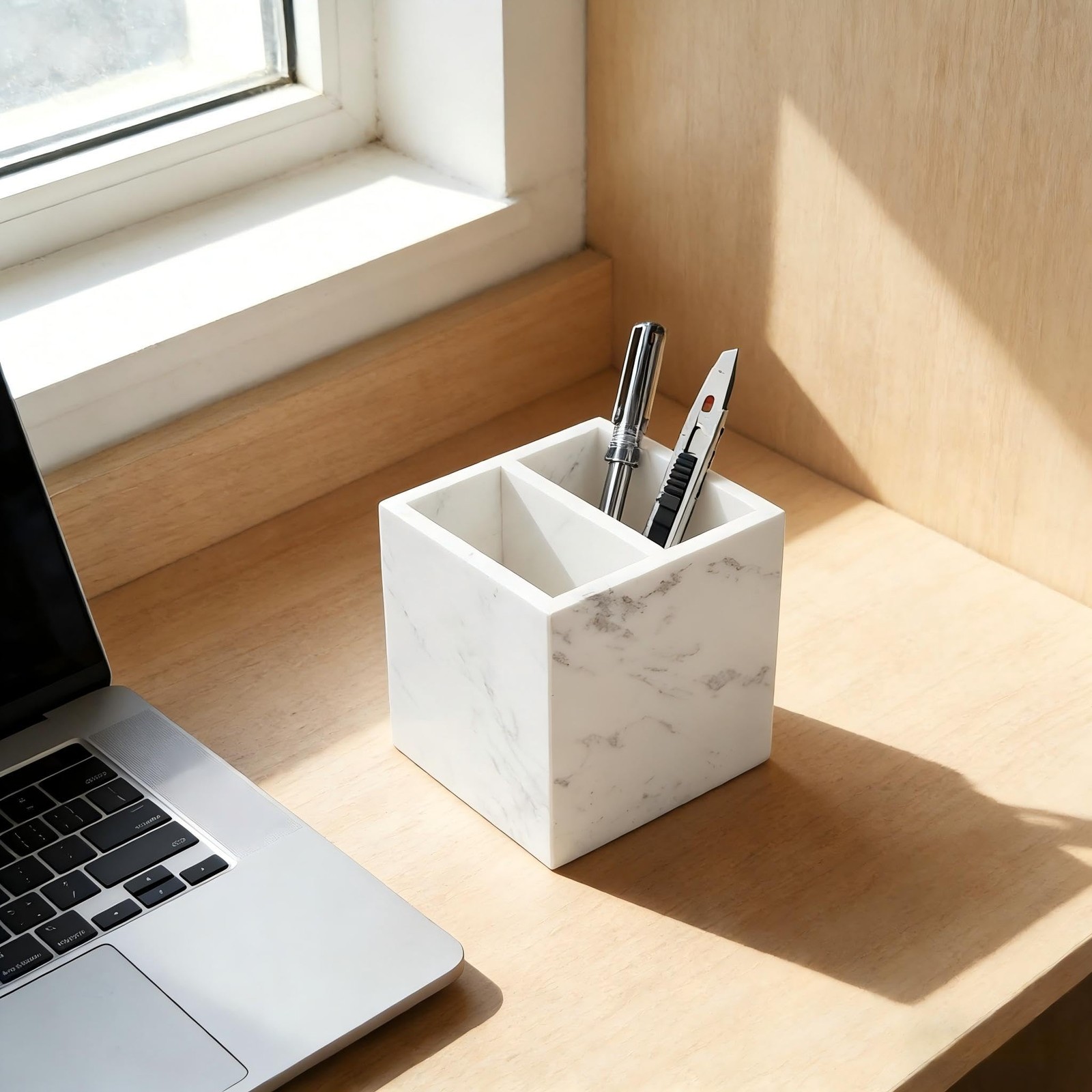 SIRIZEN-DIVING Marble Pen Holder, White Stone, Rectangular Desktop Organizer for