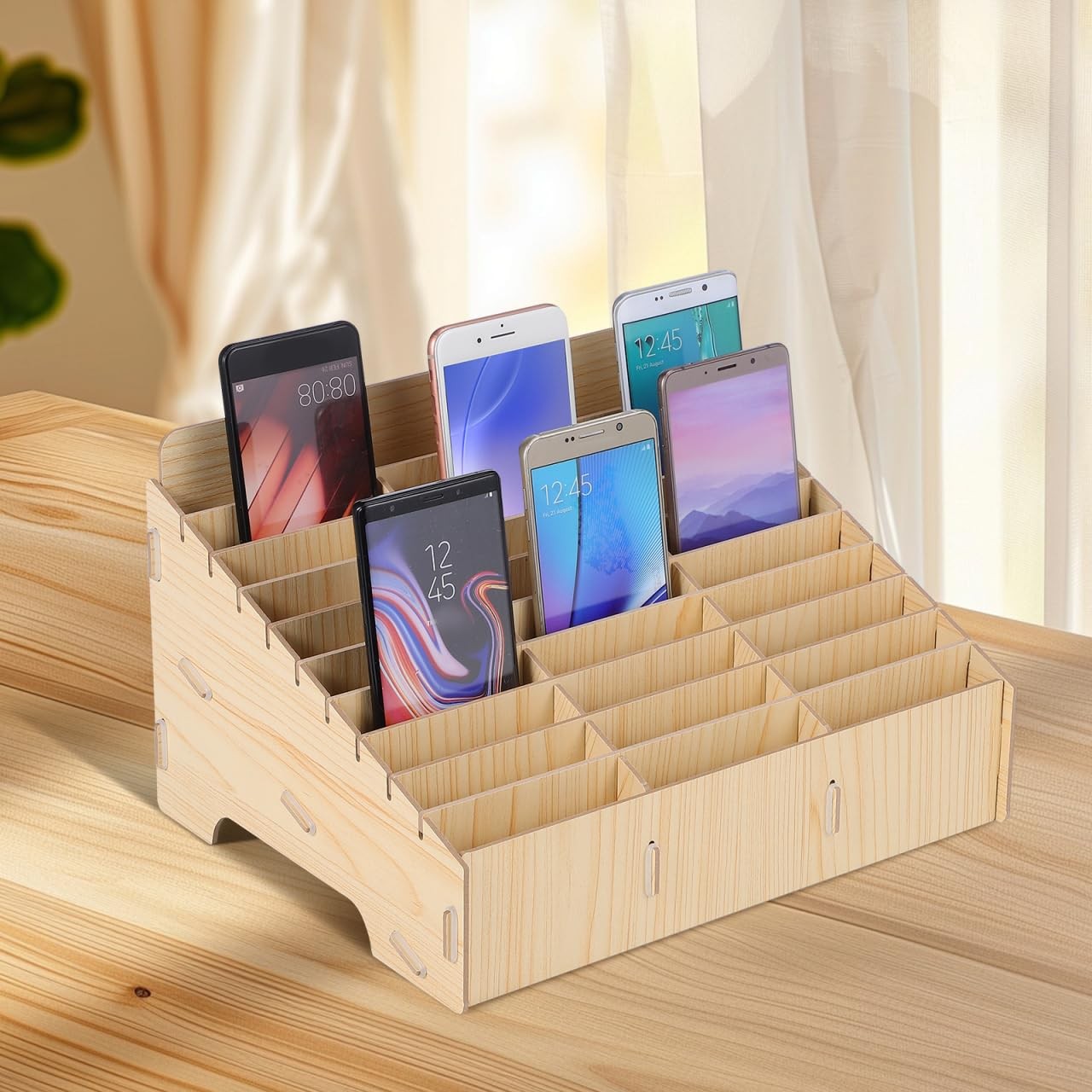 ULTECHNOVO 30-Slot Wooden Cell Phone Storage Box – Lockable Classroom Khaki