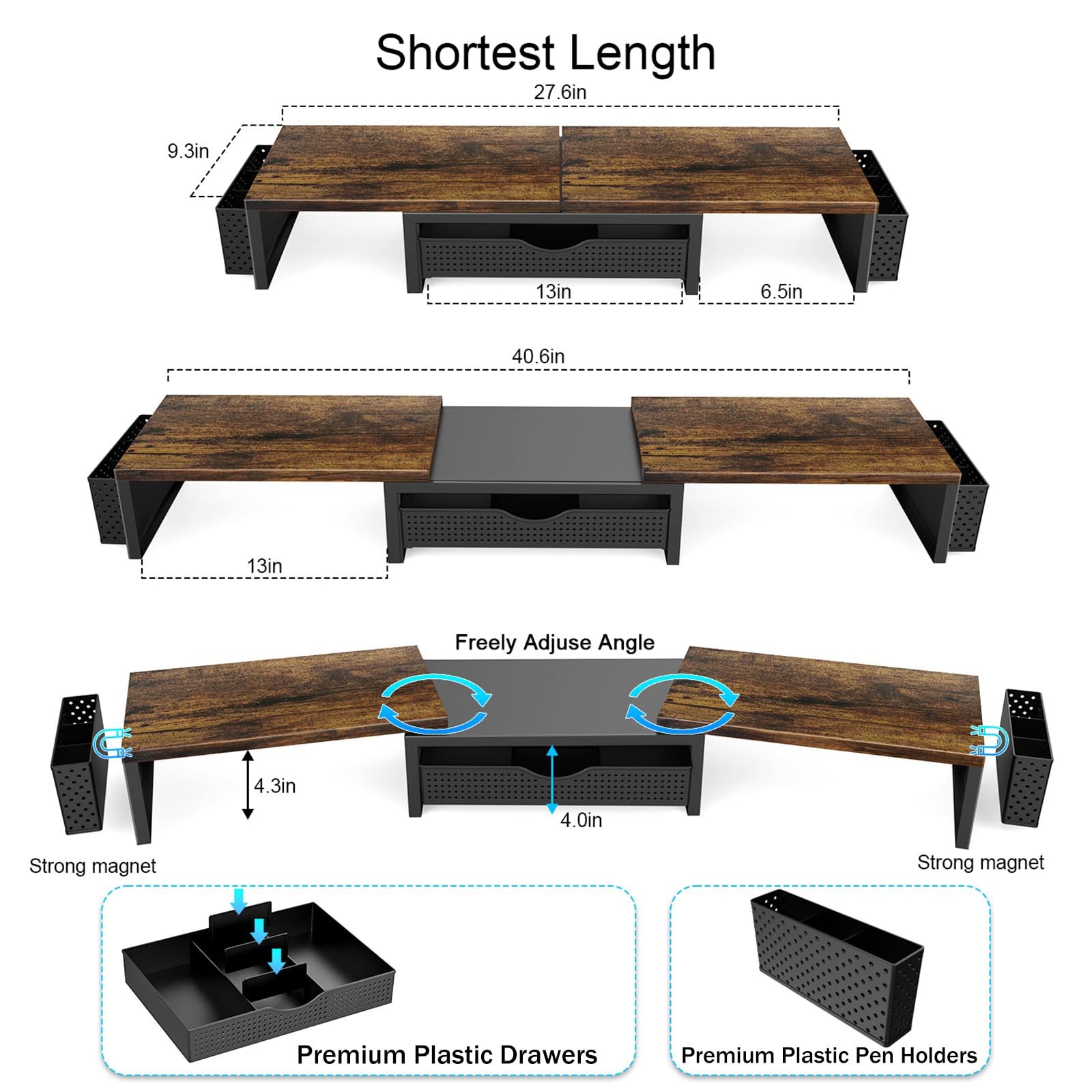 gianotter Dual Monitor Stand Riser, Desk Organizer With Drawer and 2 Pen Wood