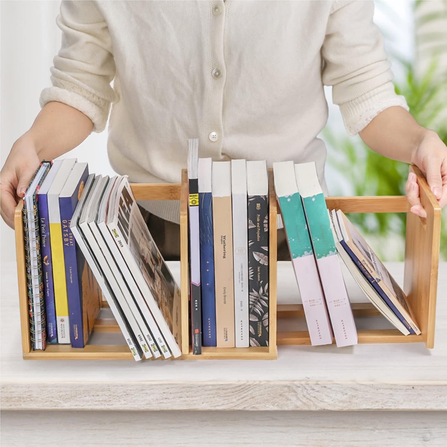Bamboo Desktop Bookshelf Expandable Desktop Organizer Rack for Office Supplies
