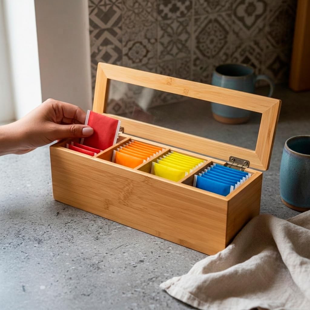 Whotti Tea Bag Organizer – Bamboo Box with Compact, Natural