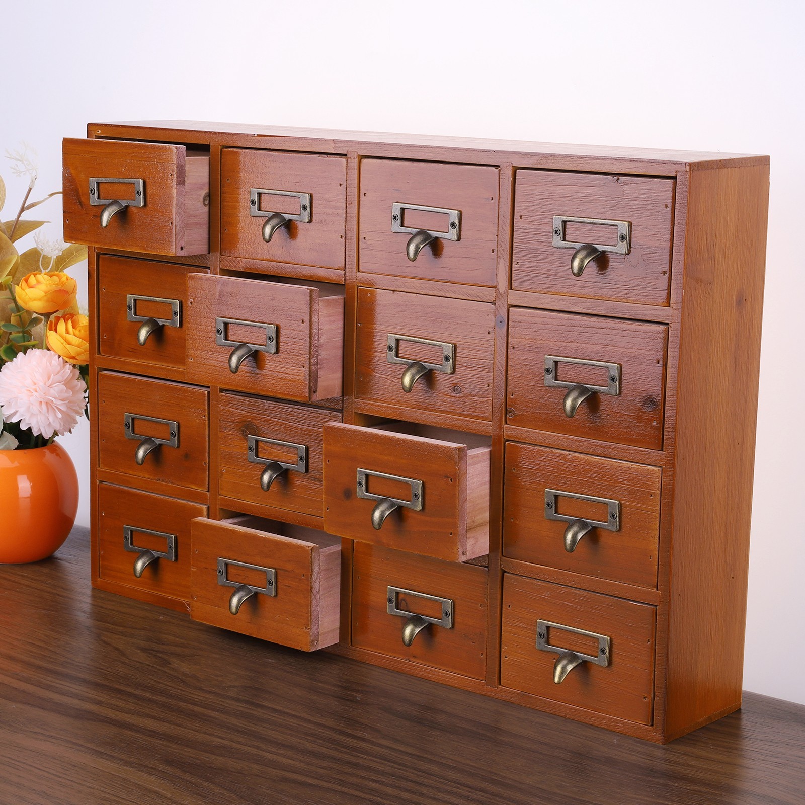 Vintage 16 Drawers Tabletop Library Card Catalog Cabinet Apothecary Storage Box