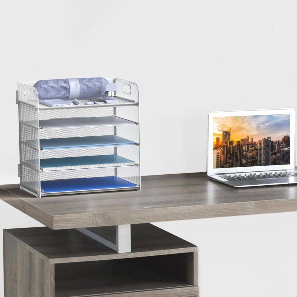 12.5 in X 13.5 in 2 Pack White Metal Letter Tray 5-Tier Desk Organizer File Pape
