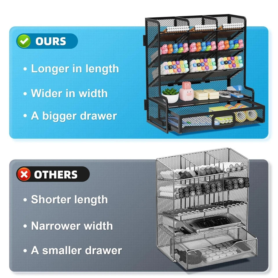 Larger Mesh Desk Organizer with Drawer, Multi-Functional Pen Pencil Holder, E