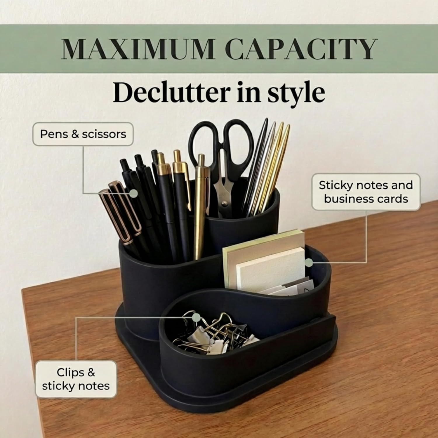 Black Desk Organizer with Pen Holder – Aesthetic Desk Accessories for Women Offi