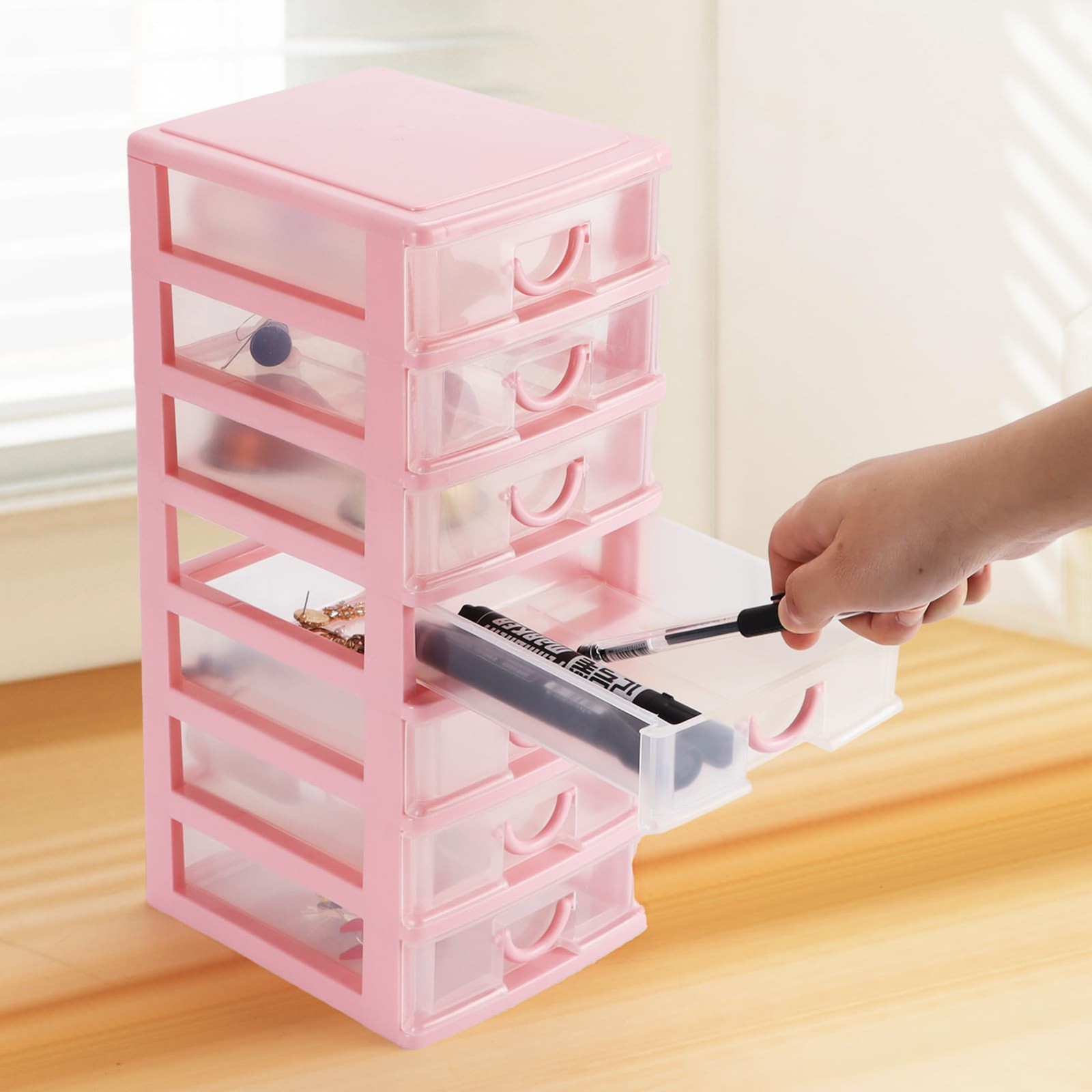Rempry Mini Plastic Organizer with 7 Clear Drawers, 7.1″x5.1″x13.2″ Pink