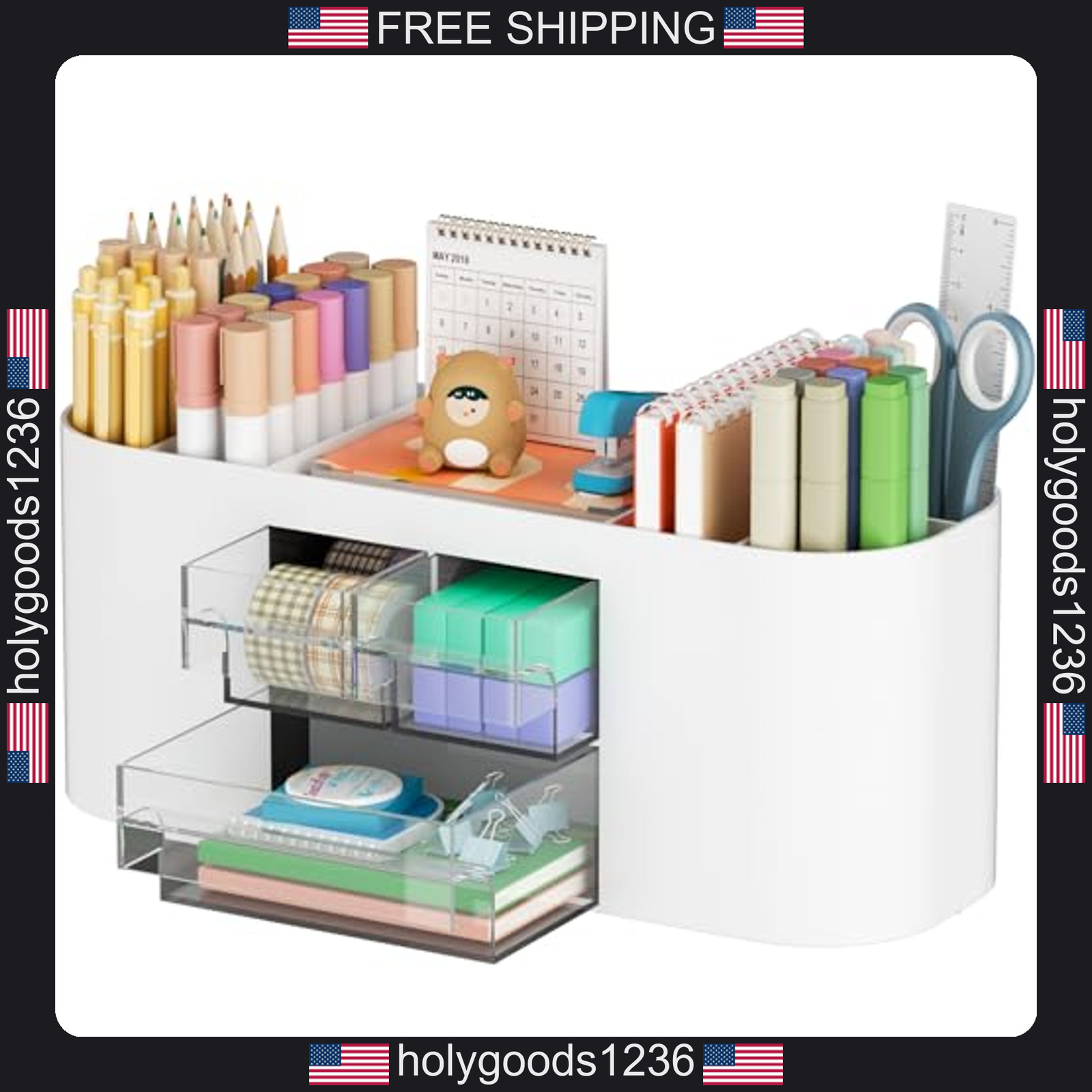 Marbrasse desk organizer pen holder with 3 drawers and 7 compartments white
