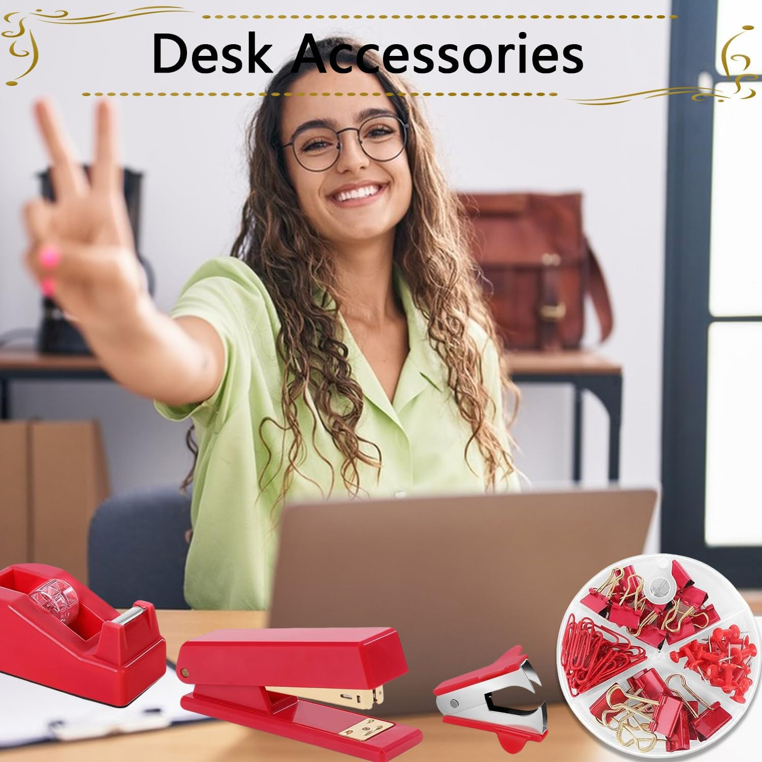Office Supplies,Red Desk Accessories,Stapler and Tape Dispenser Set with Stapler