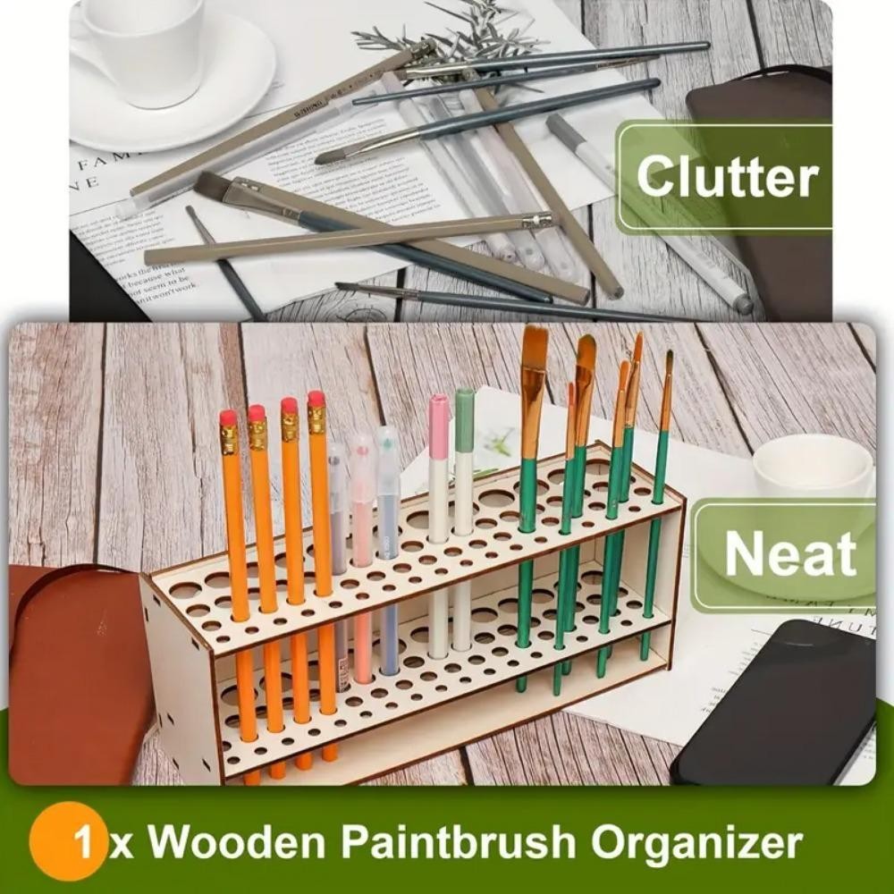 67-slot Premium Wooden Brush Holder – Durable Artist Desk Organizer, Pencil & Pa