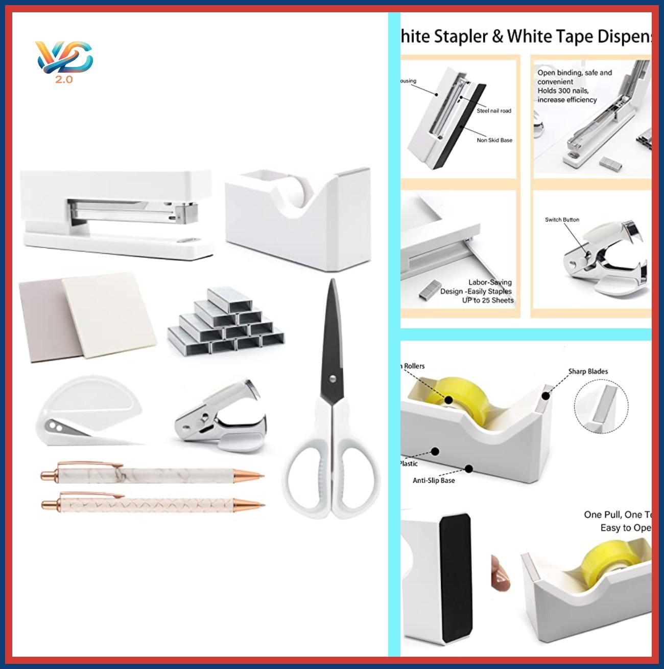 White Desk Accessories Set Stapler Tape Dispenser Scissors Pens Office Supplies