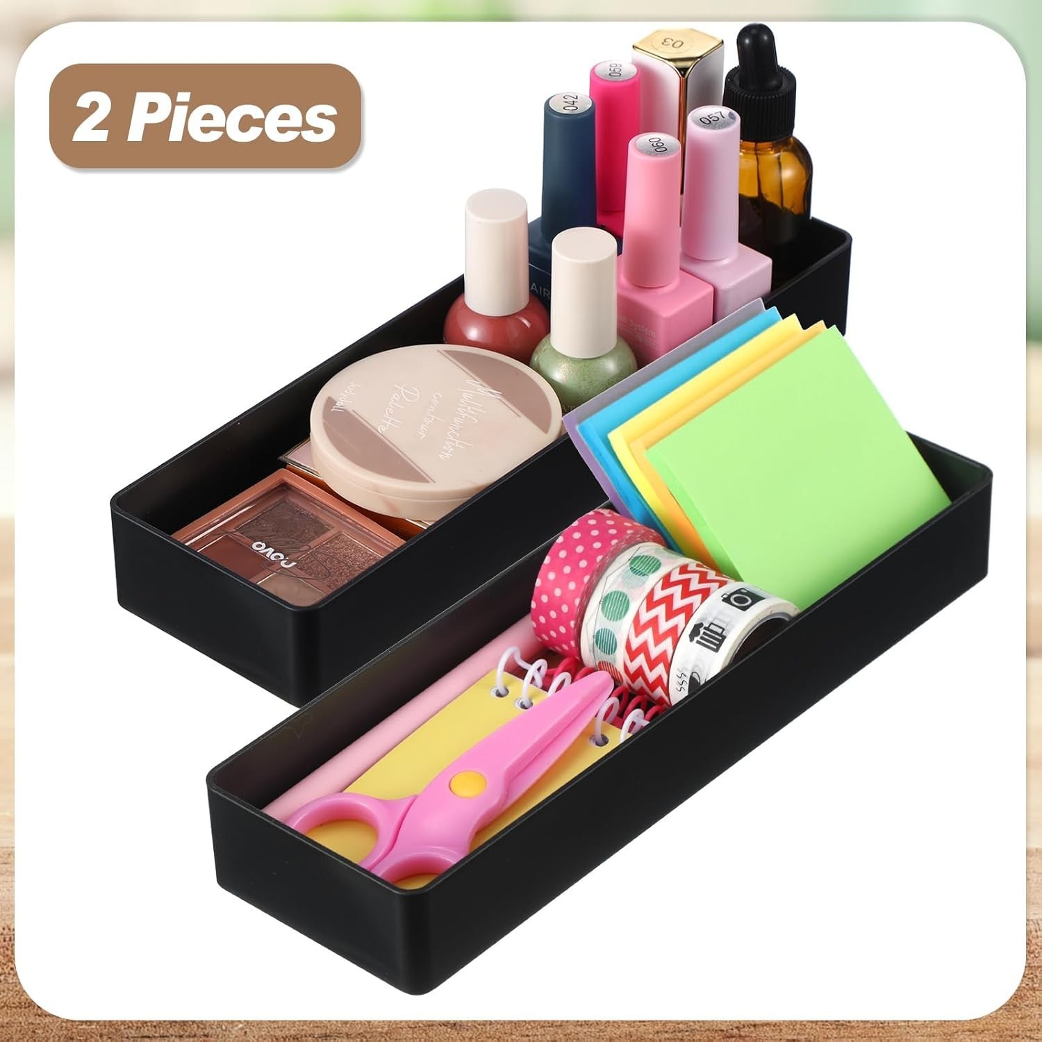 2 Pcs Black Large Rectangular Desk Organizer Set, Half Accessory Tray, Plasti…