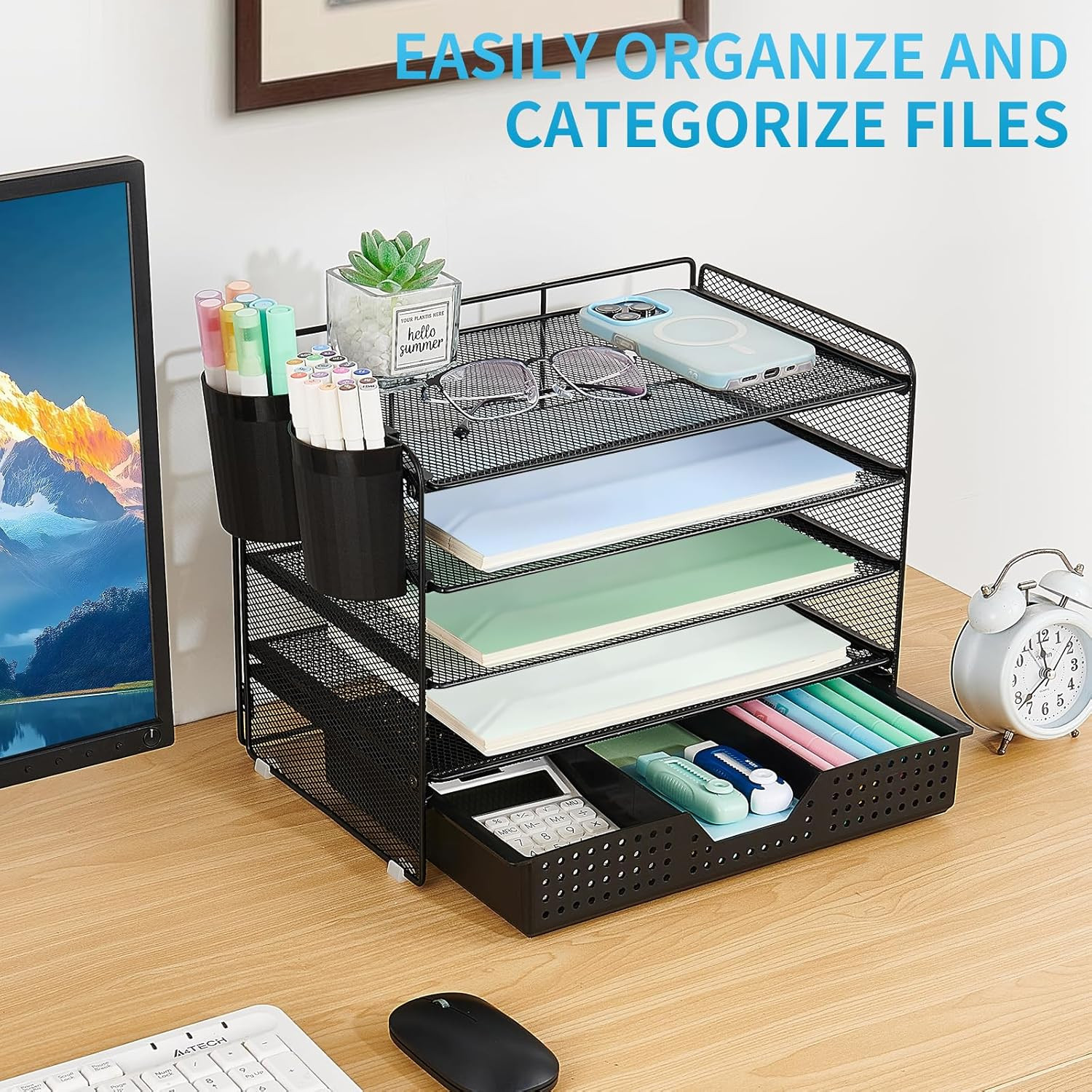 Desk Organizer and Accessories, 5-Tier Paper Letter Tray Organizer with Drawer &