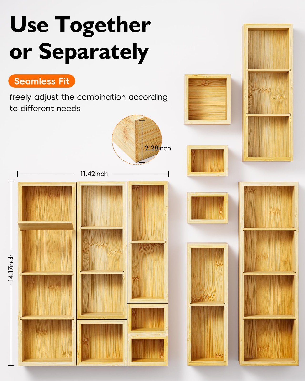 VA1KENE Bamboo Drawer Organizer Set, 6 PCS Desk 12 Compartments,