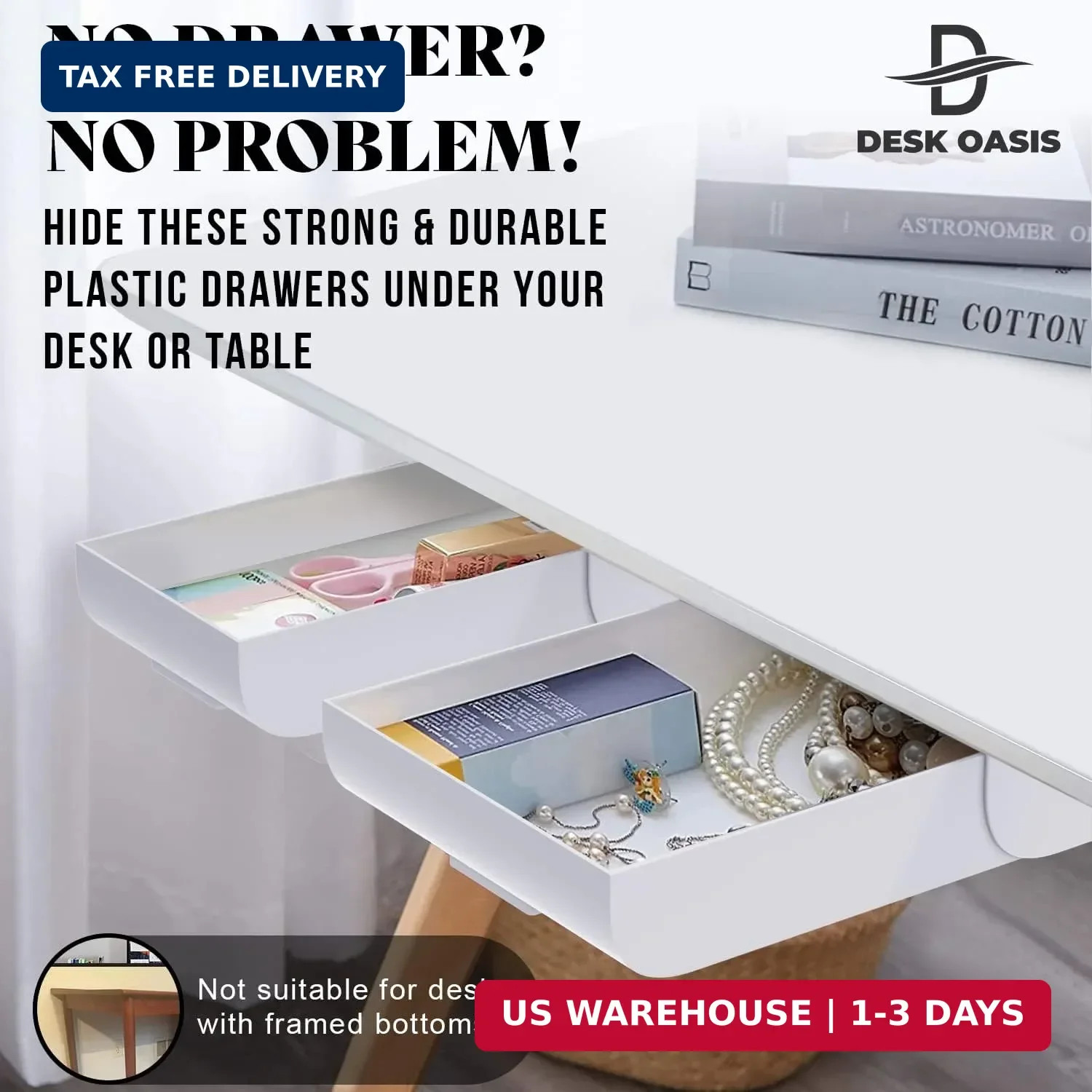 2 Pack Under Desk Drawer Organizer, Slide Out Storage for Pens, Cables & Office