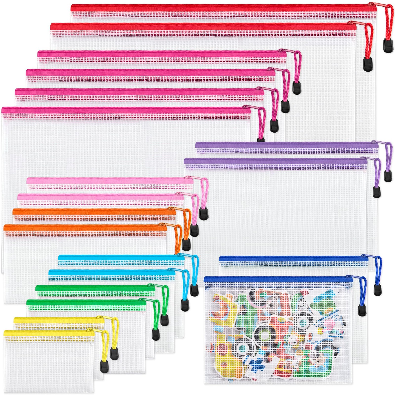 20 Pack 8 Sizes Mesh Pouch, 9 Colors, Waterproof Zipper File Bags Document Mu…
