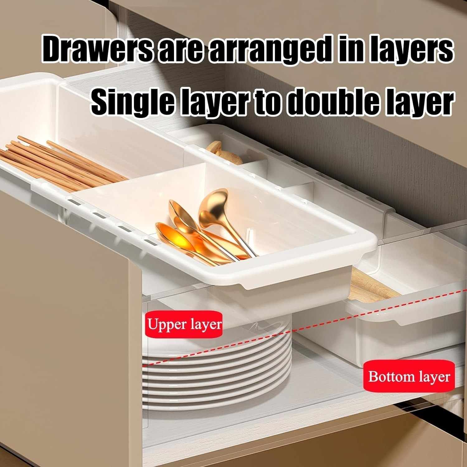 EooUooIP Sliding Drawer Tray with Adjustable Dividers, Expandable White