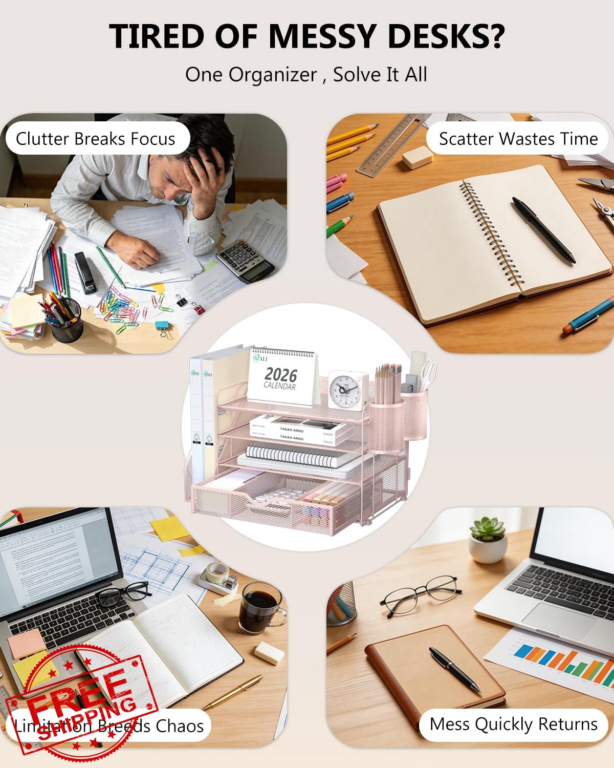 WALI Desk Organizer 4 Tier Pink 1 Pack