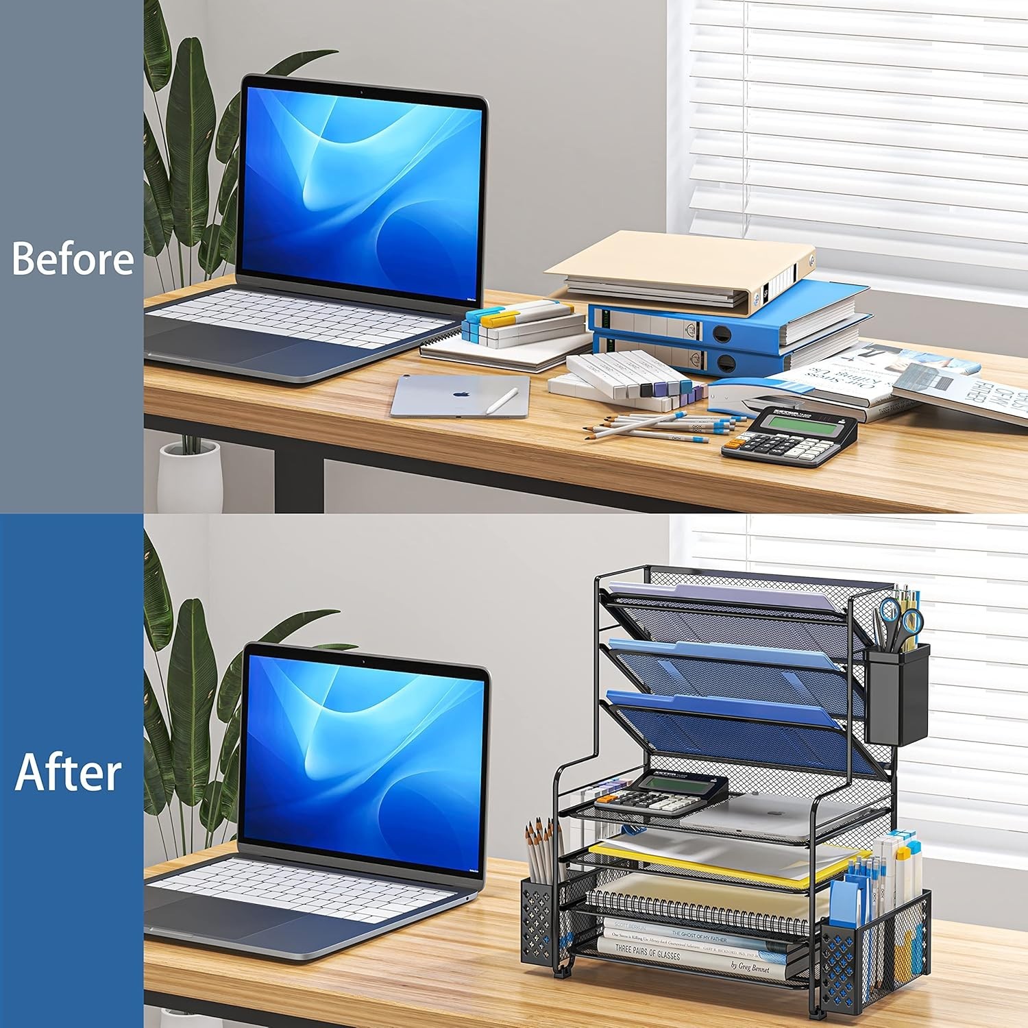 Stylish 7-Tier Paper Organizer with Pen Box & Metal Mesh for Elegant Workspaces