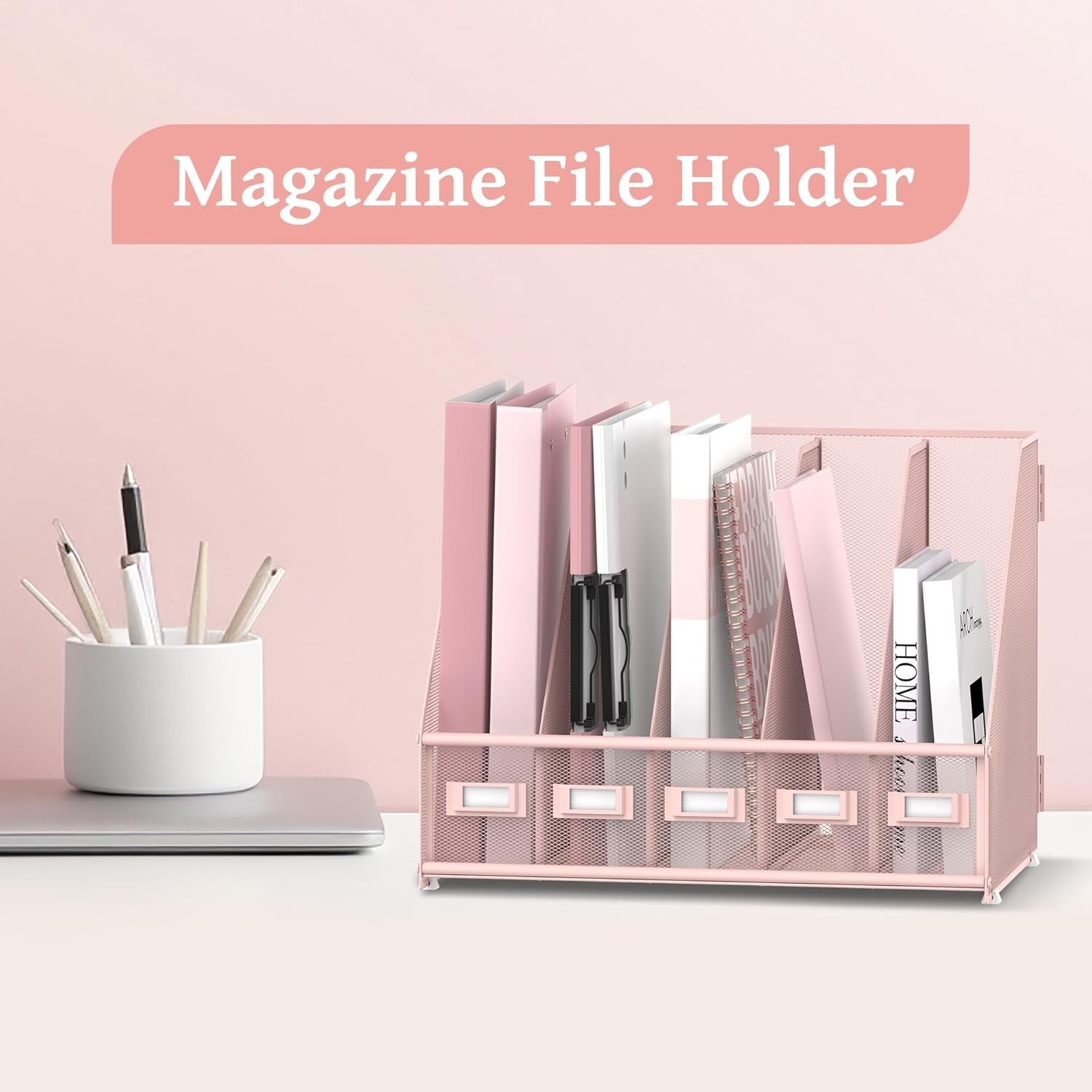 Metal Desk File Holder 5 Compartments Magazine Organizer Rack Pink