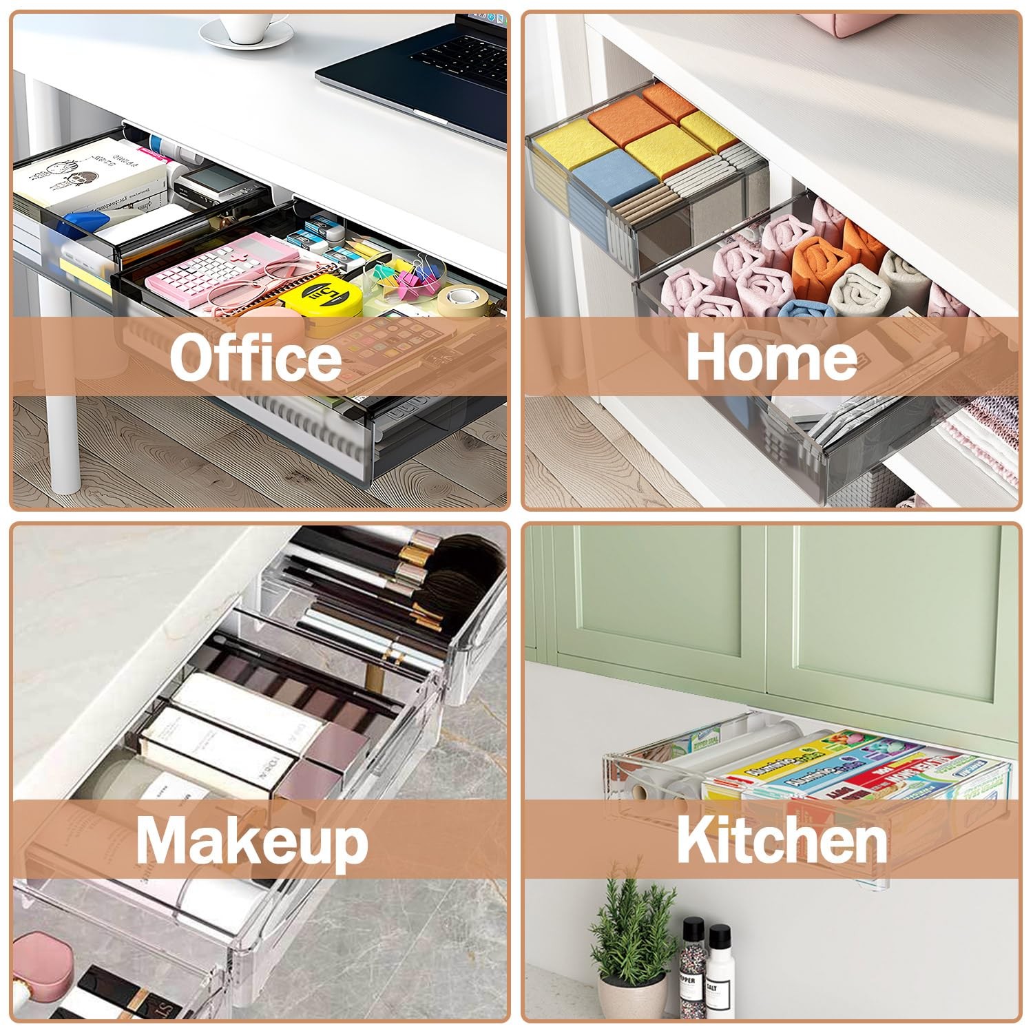 Under Desk Table Drawer Storage Organizer Large Medium Slide Out Tray 2 PCS