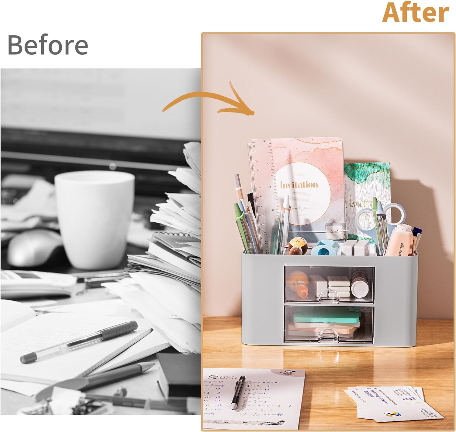 Pen Organizer with 2 Drawer, Multi-Functional Pencil Holder for Desk, Desk Organ