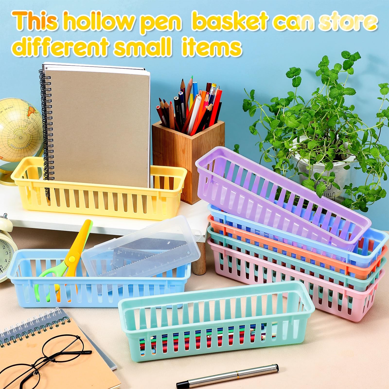 12 Pcs 10″ x 3″ Plastic Pencil Basket Back to Pencil Tray Holder for Classroo…