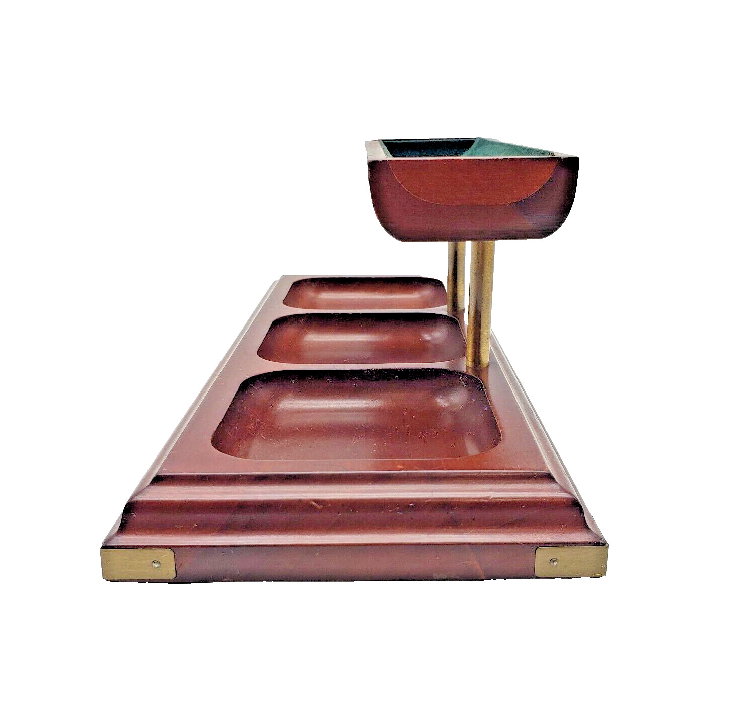 Vintage BOMBAY Wood Office Desktop Dresser Tray Organizer Brass Corners 1996