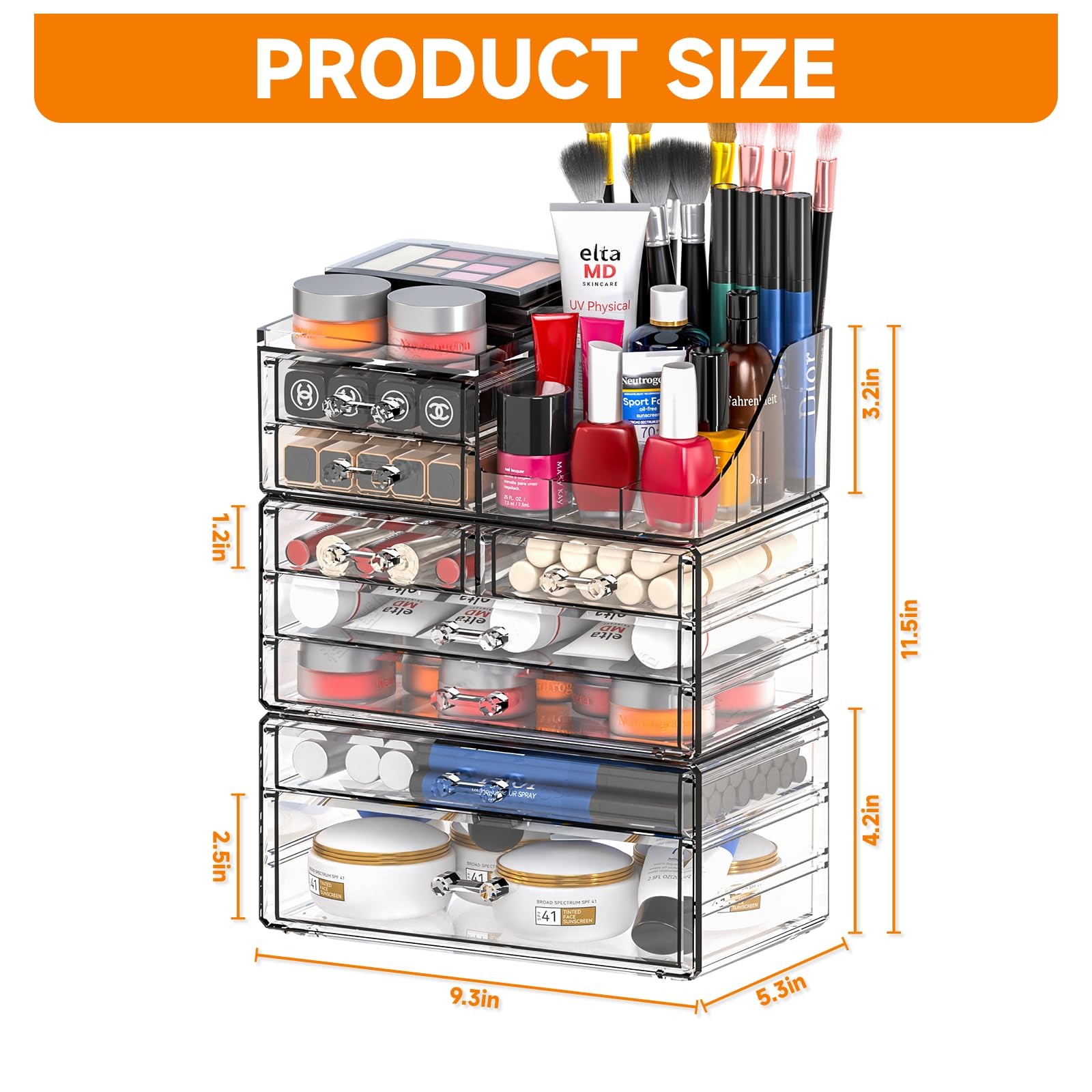 Acrylic Clear Make up Organizers And Storage for 8 Drawers-Set of 3, clear