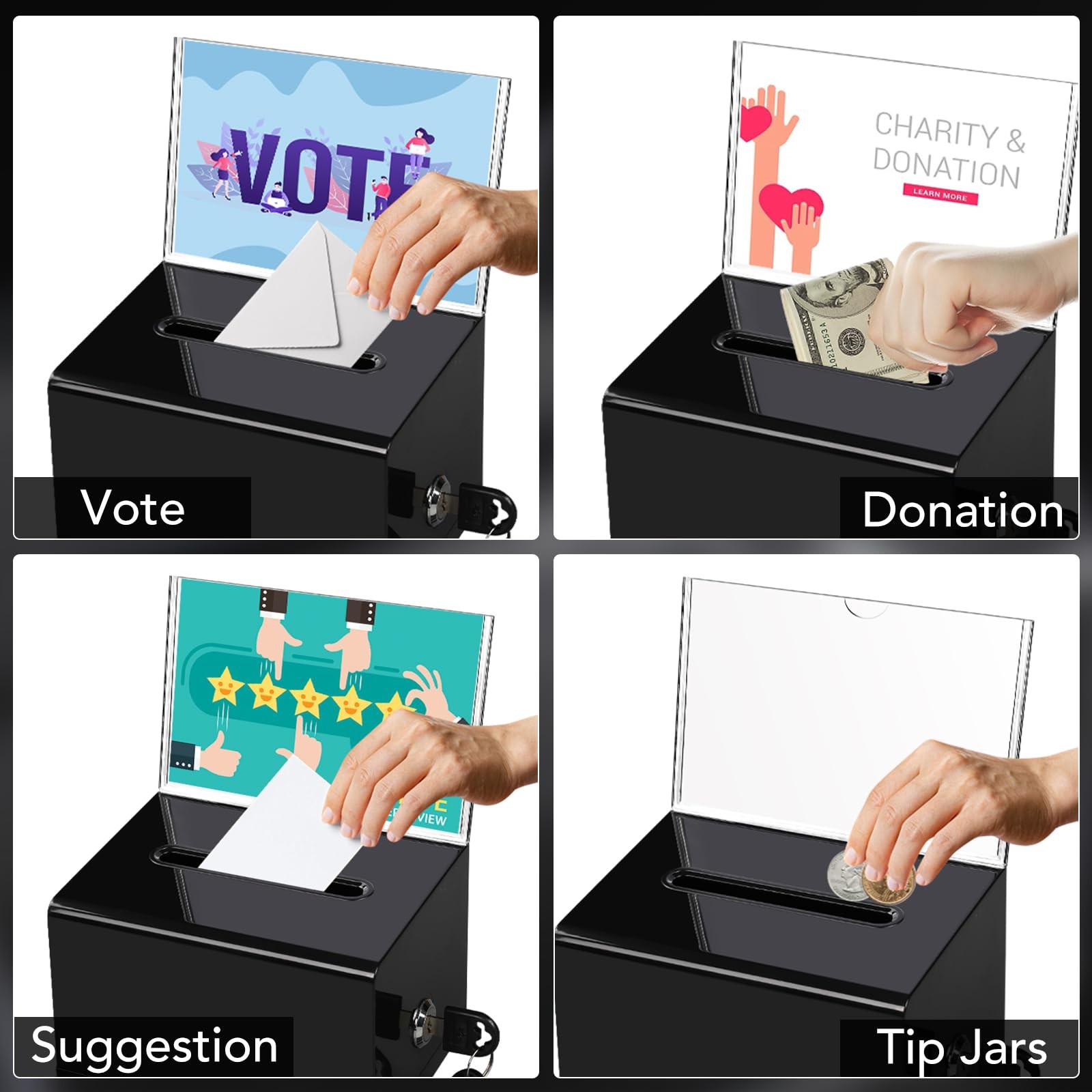 VOISEN Acrylic Donation Box with Lock, 4.65 x 3.94 x 6.18 Inch, Black 2p
