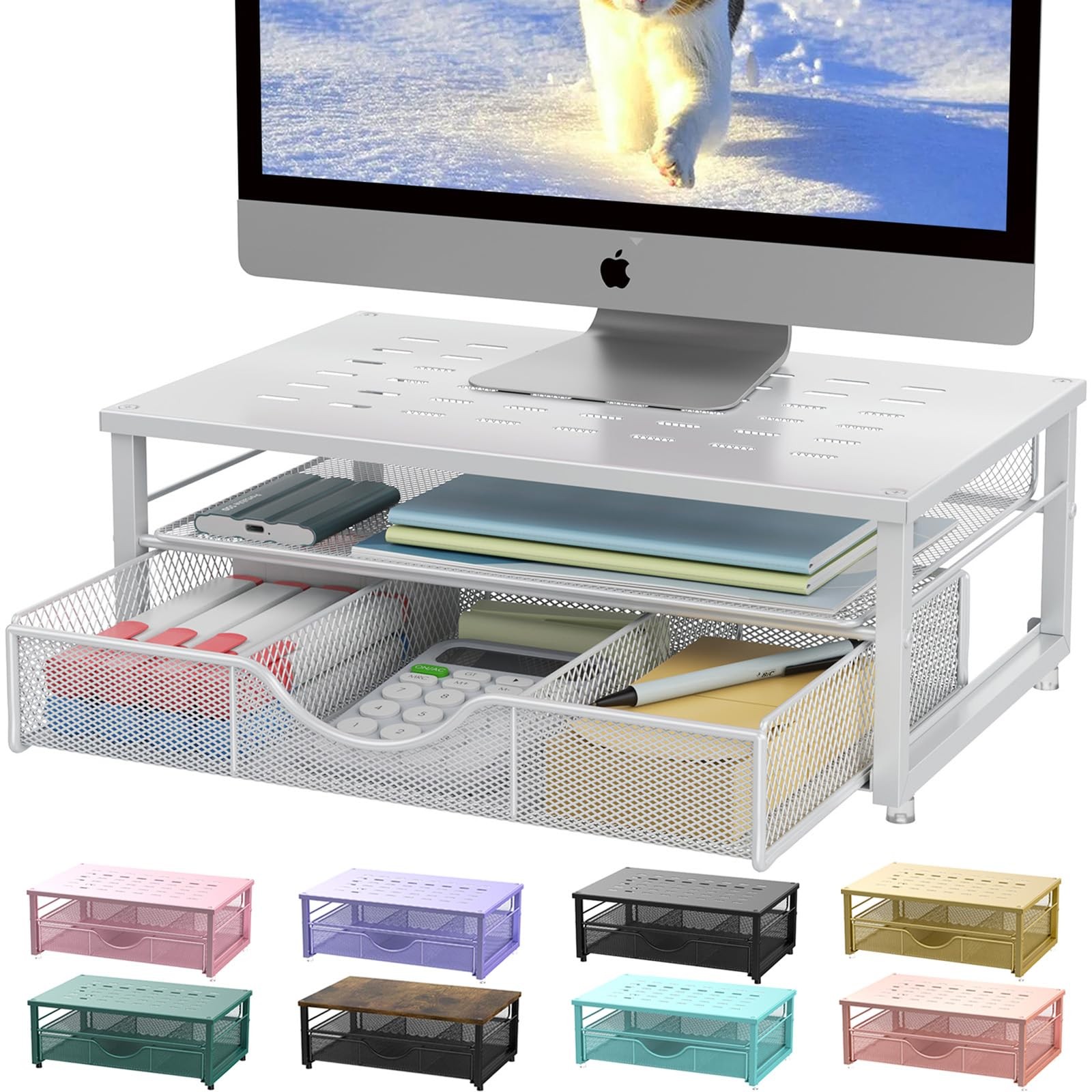 gianotter Computer Monitor Stand Riser, office organizer with Drawer, White