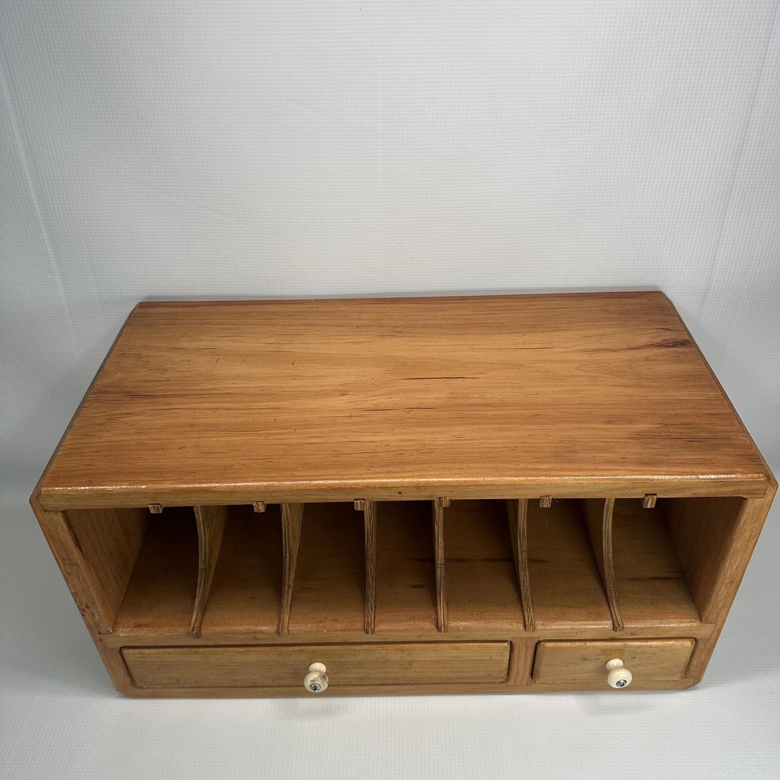 Handmade Wood Desktop Organizer Mail Sorter 6 Slot 2 Drawer Natural Wood Finish