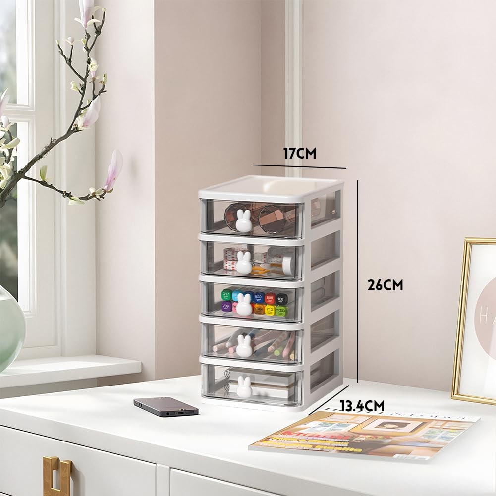 Glomora 5-Tier Desk Storage Box, Transparent Plastic Organizer #414, White