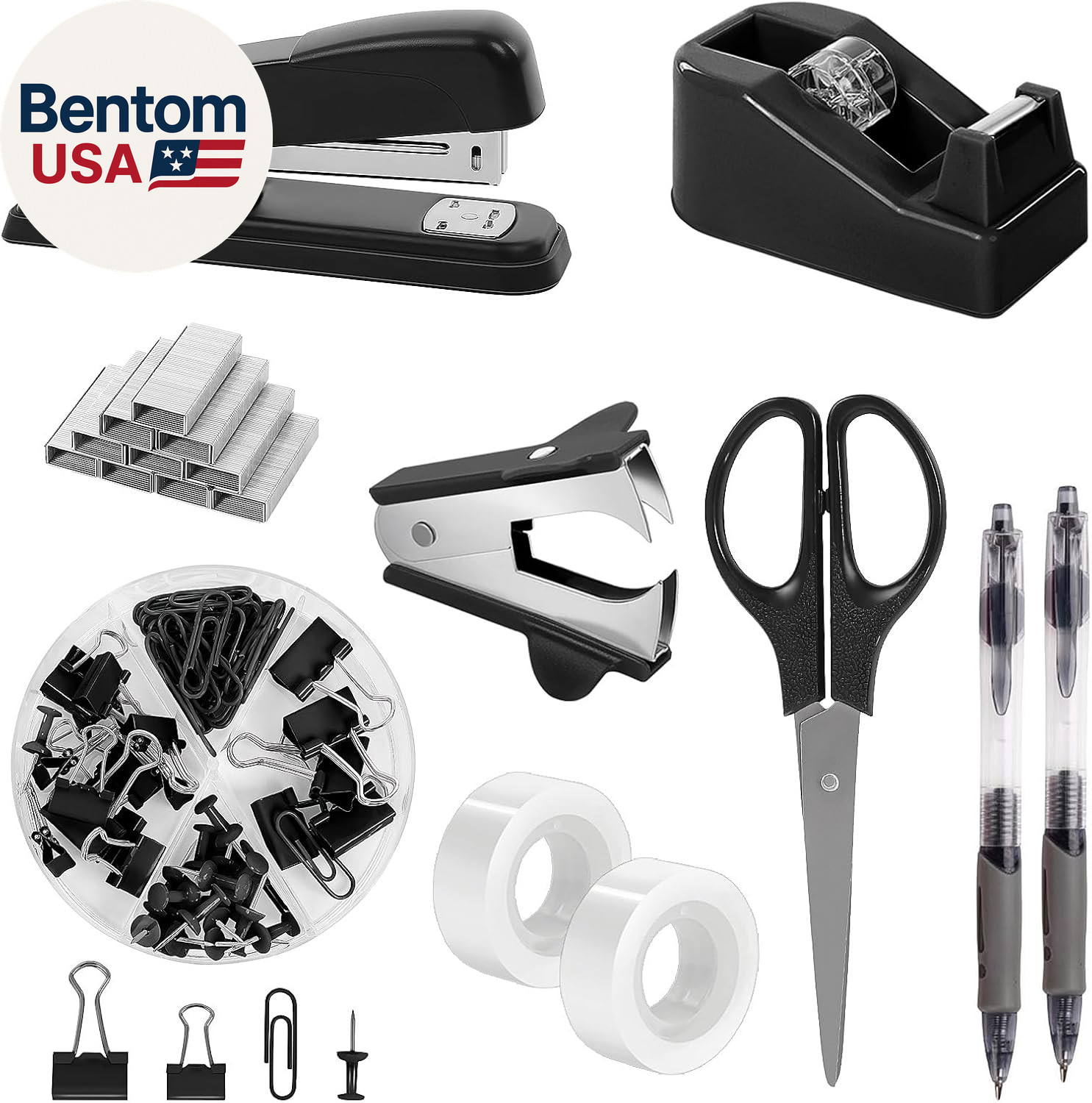 Black Office Supplies Set, Black Desk Accessories, Stapler, Tape Dispenser, Scis