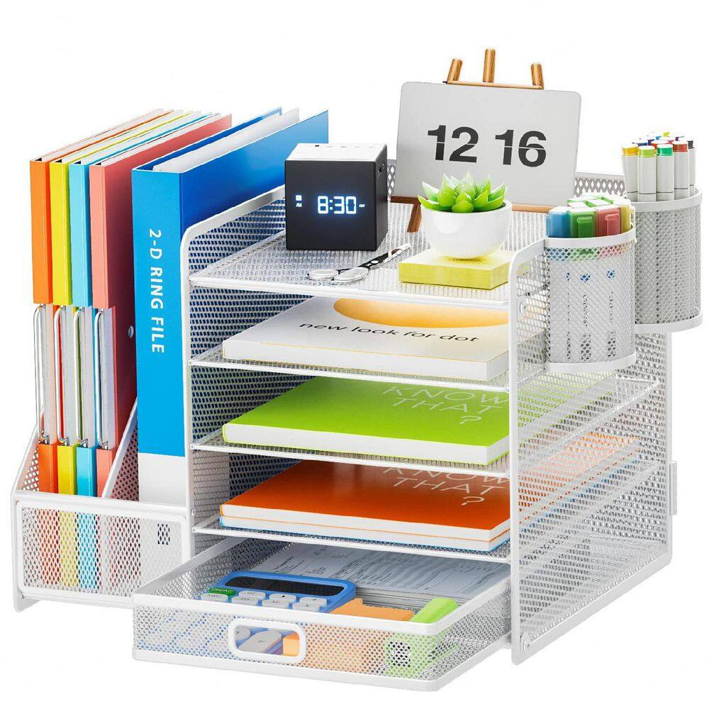 13.77 in X 11.02 in White Metal Desk Organizer with File Holder, 5-Tier Tray Org