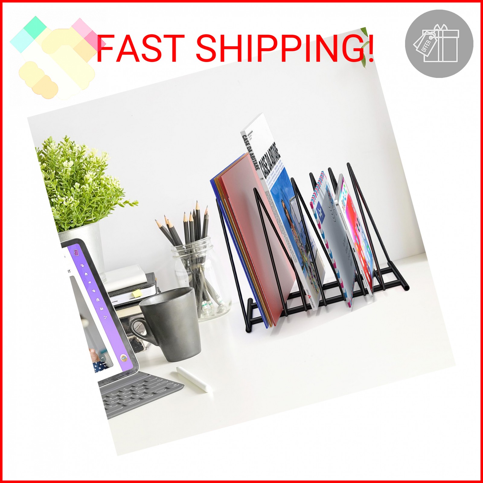 Fun storage Triangle Desk File Organizer, 7 Slots Metal File Sorter Magazine Hol