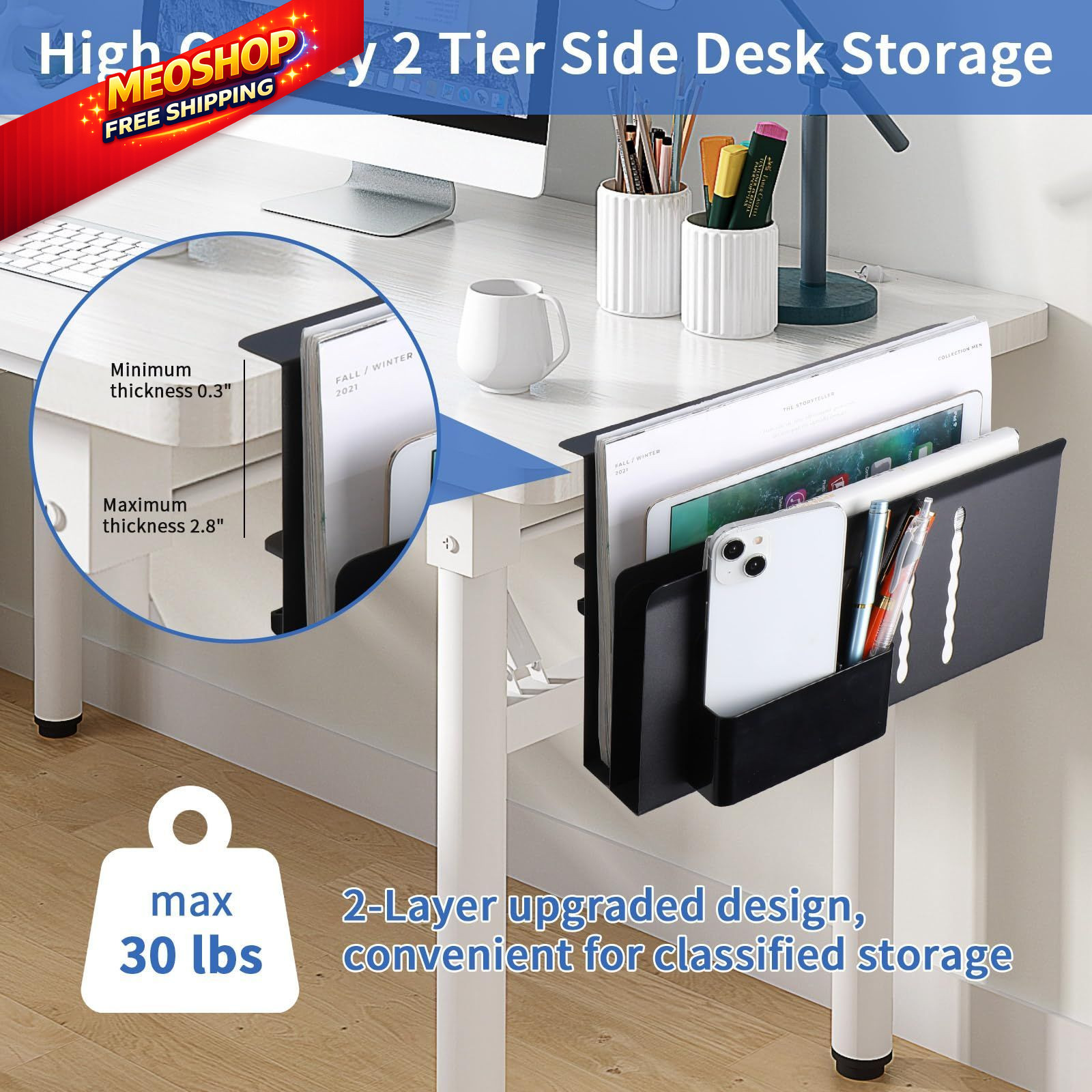 LUKETURE Desk Side Storage, 2 Tier Steel Hanging Organizer, L(2 Tier), Black