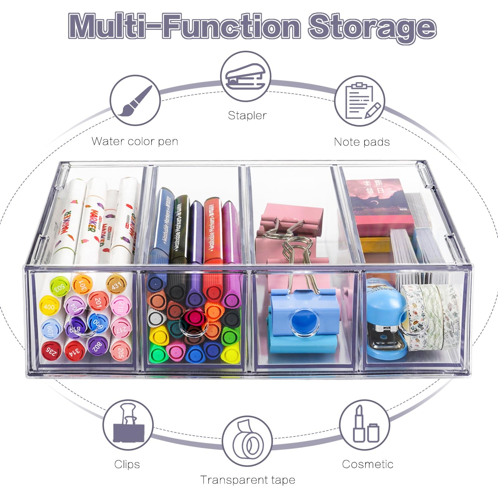 Desk Organizer with 4 Drawers, FODIENS Stackable Desktop Storage Box clear