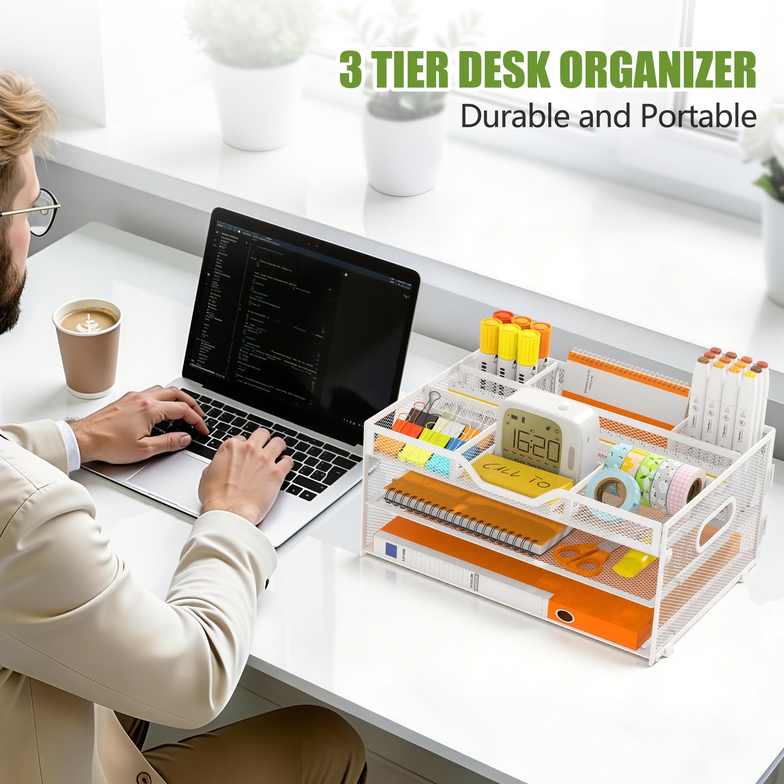 3-Tier Letter Paper Tray Desk Organizer, White Desktop File Rack Holder with …
