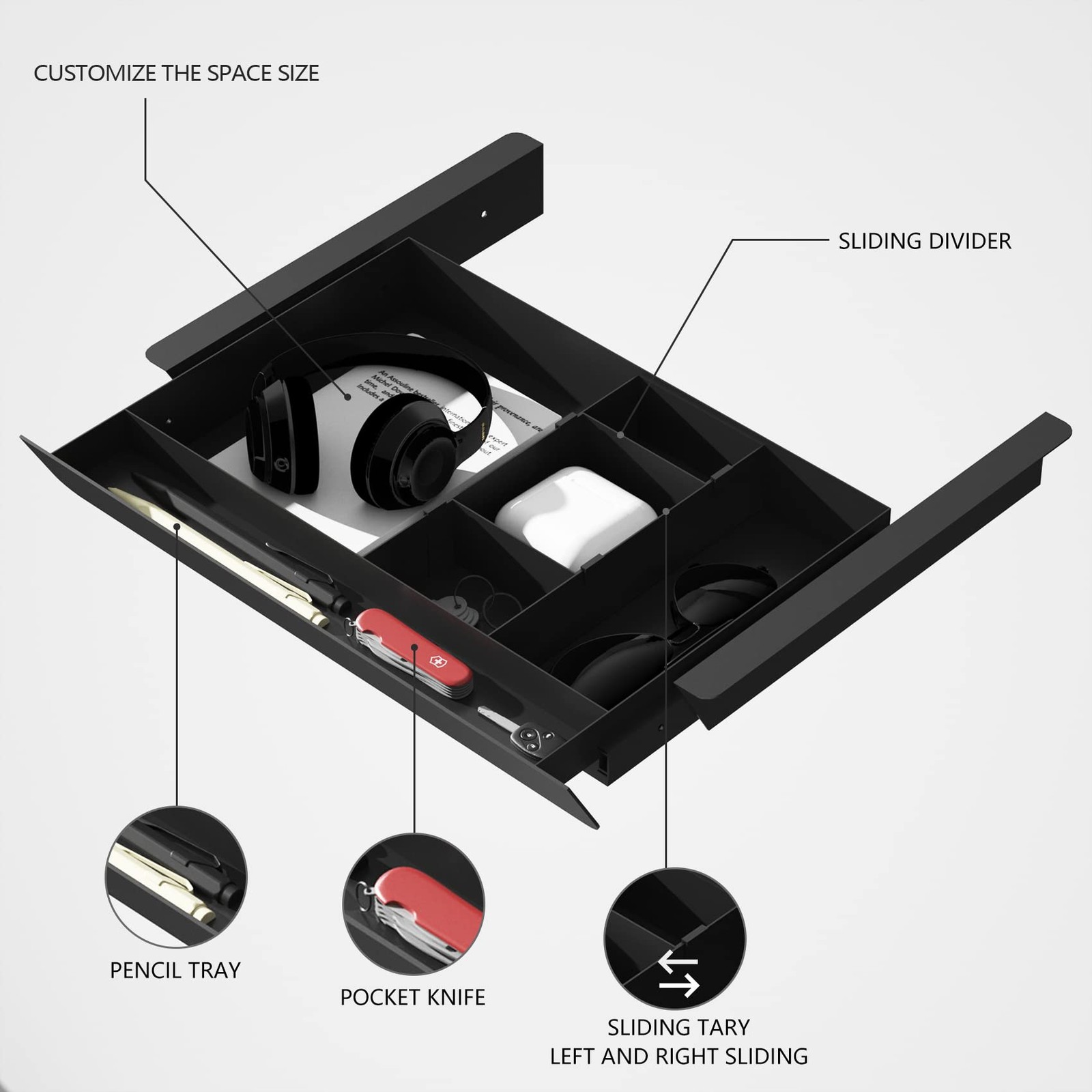 Under Desk Mounted Sliding Pull-out Drawer with Pencil Tray and Slide Storage…